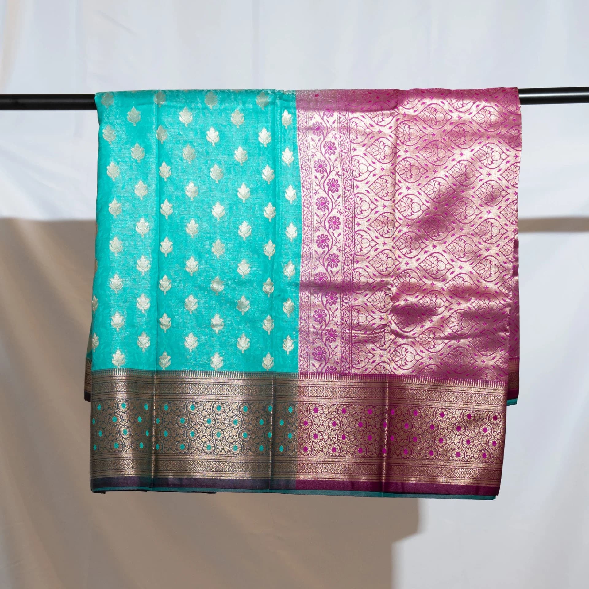Teal Saree with Contrast Purple Pallu & Blouse Piece