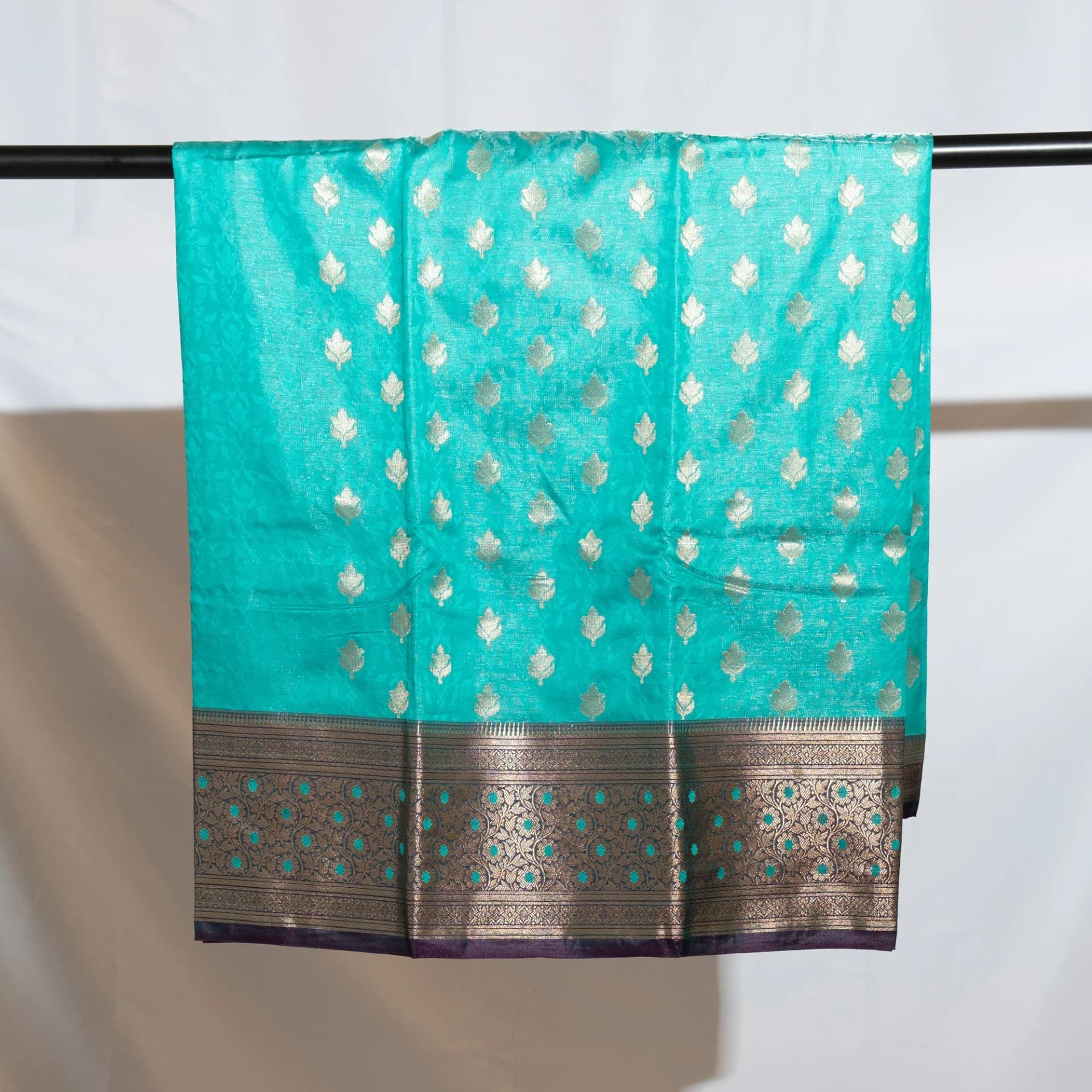 Teal Saree with Contrast Purple Pallu & Blouse Piece