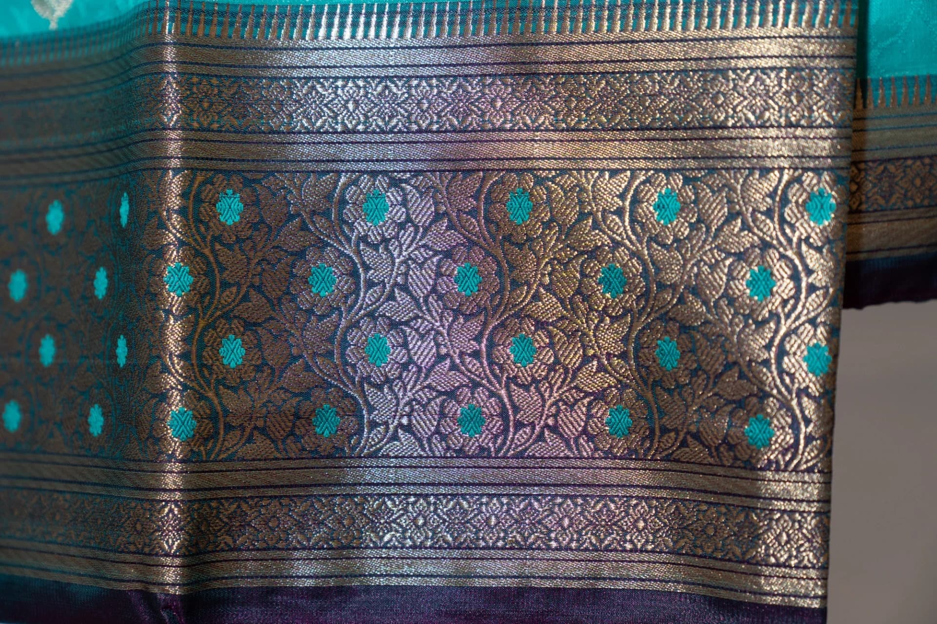 Teal Saree with Contrast Purple Pallu & Blouse Piece