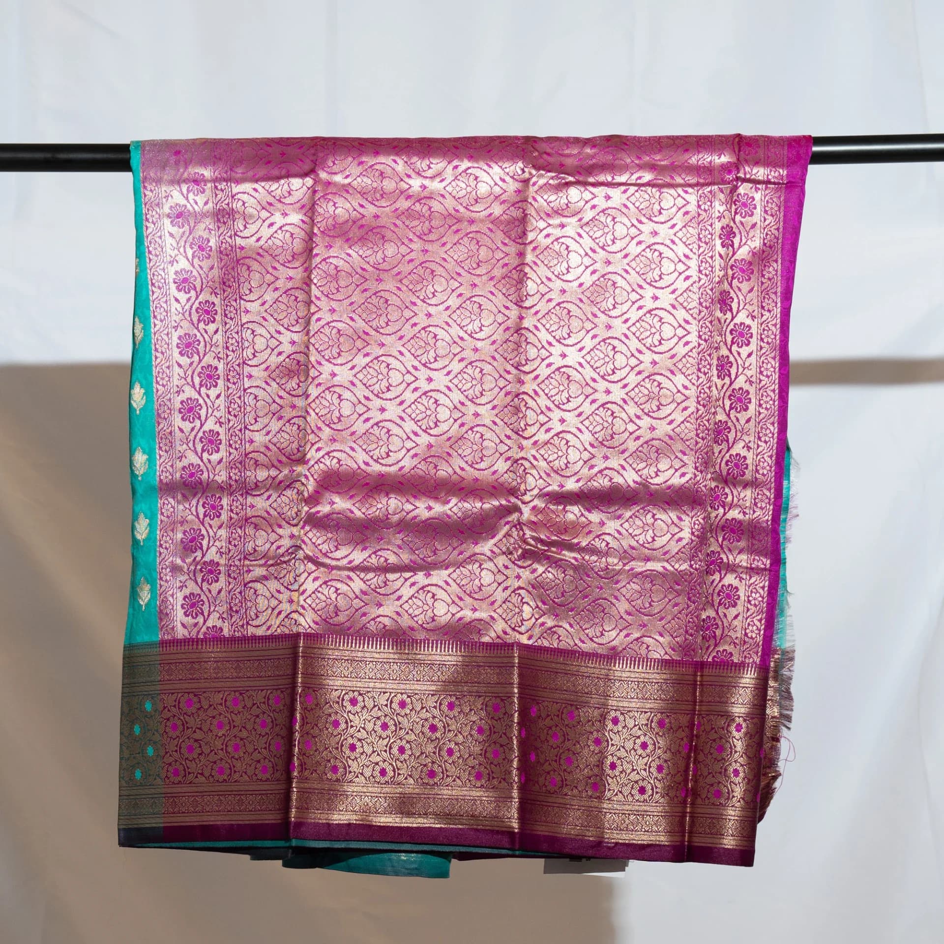Teal Saree with Contrast Purple Pallu & Blouse Piece