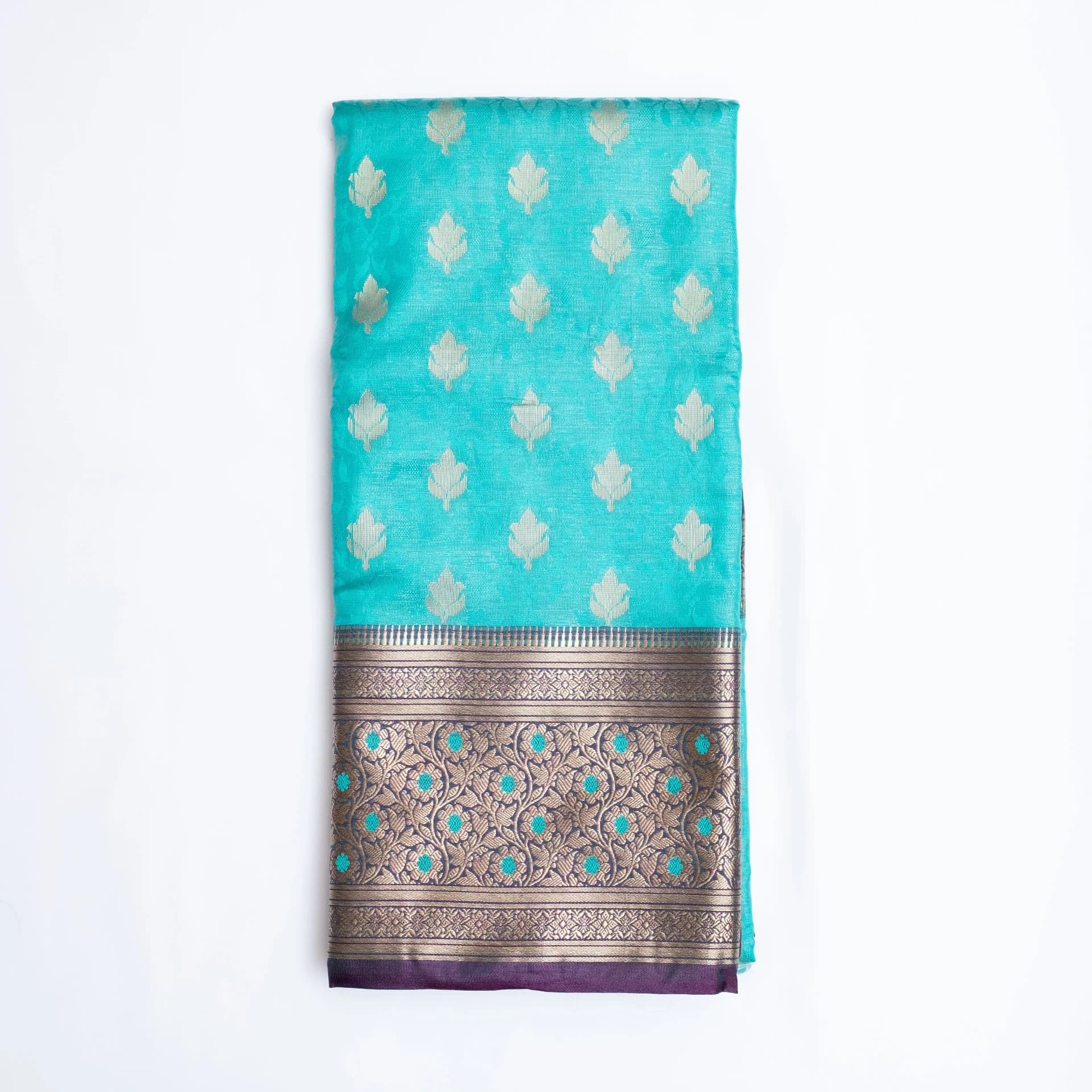 Teal Saree with Contrast Purple Pallu & Blouse Piece