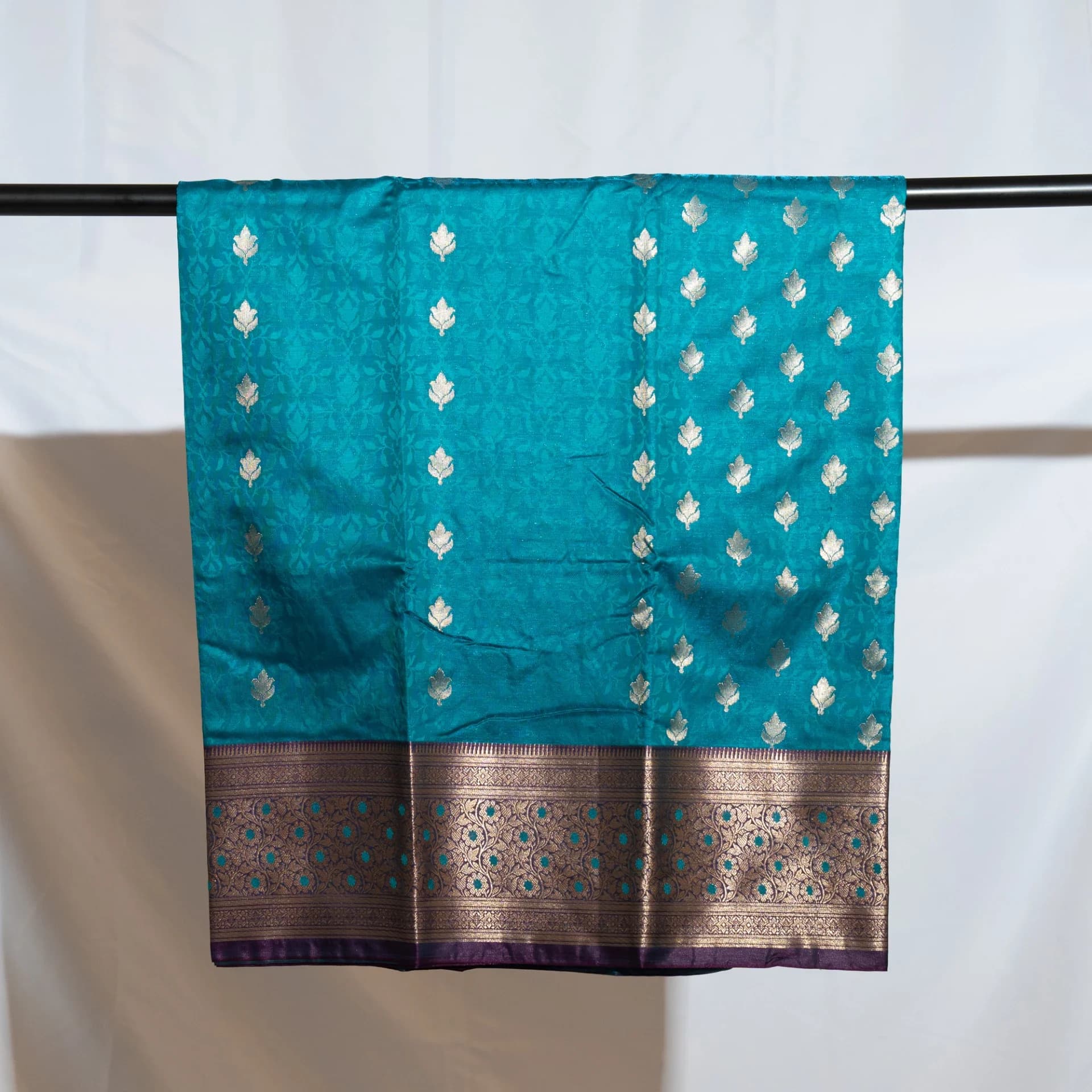 Dark Blue Saree with Contrast Purple Pallu & Blouse Piece