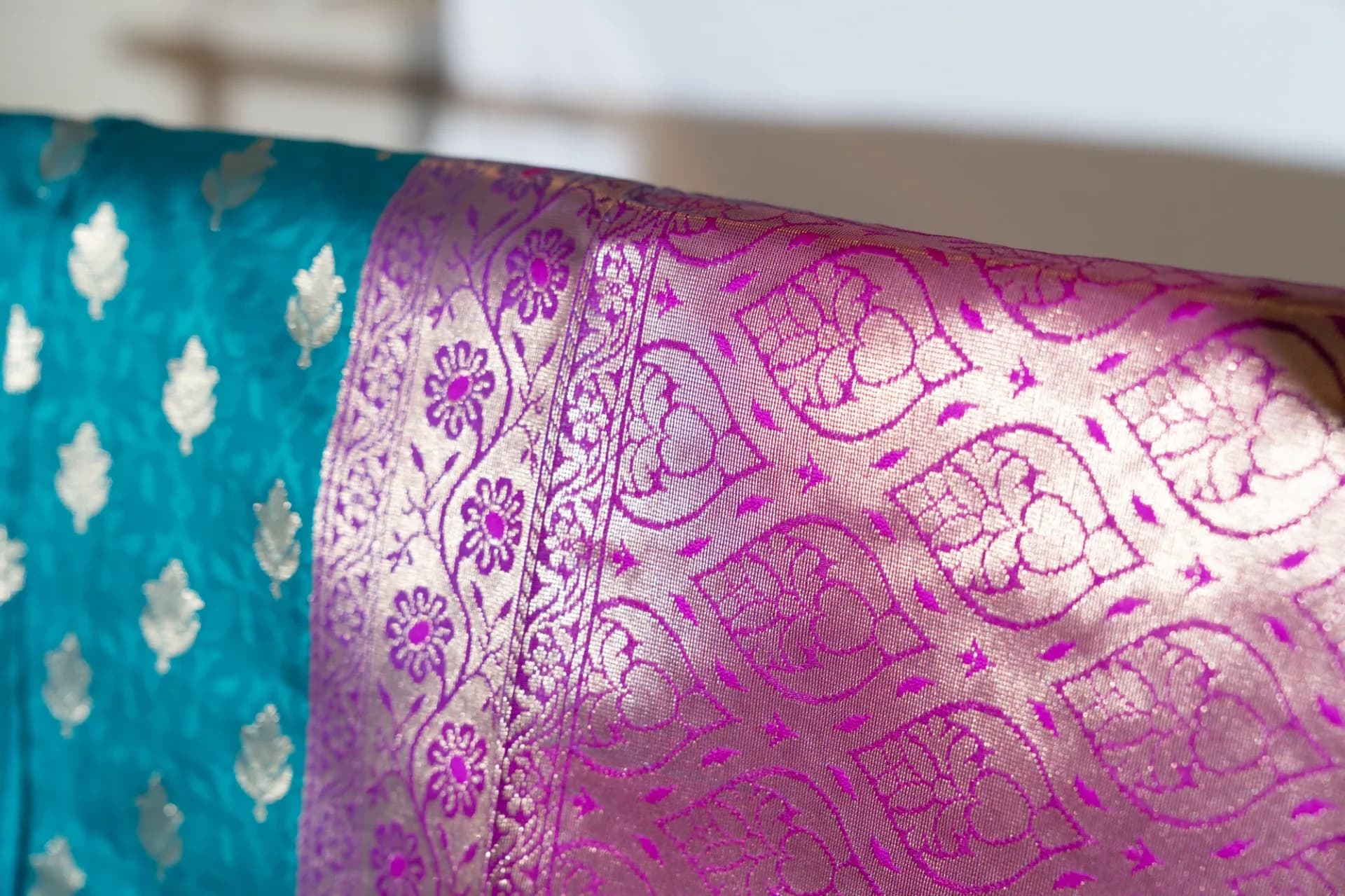 Dark Blue Saree with Contrast Purple Pallu & Blouse Piece