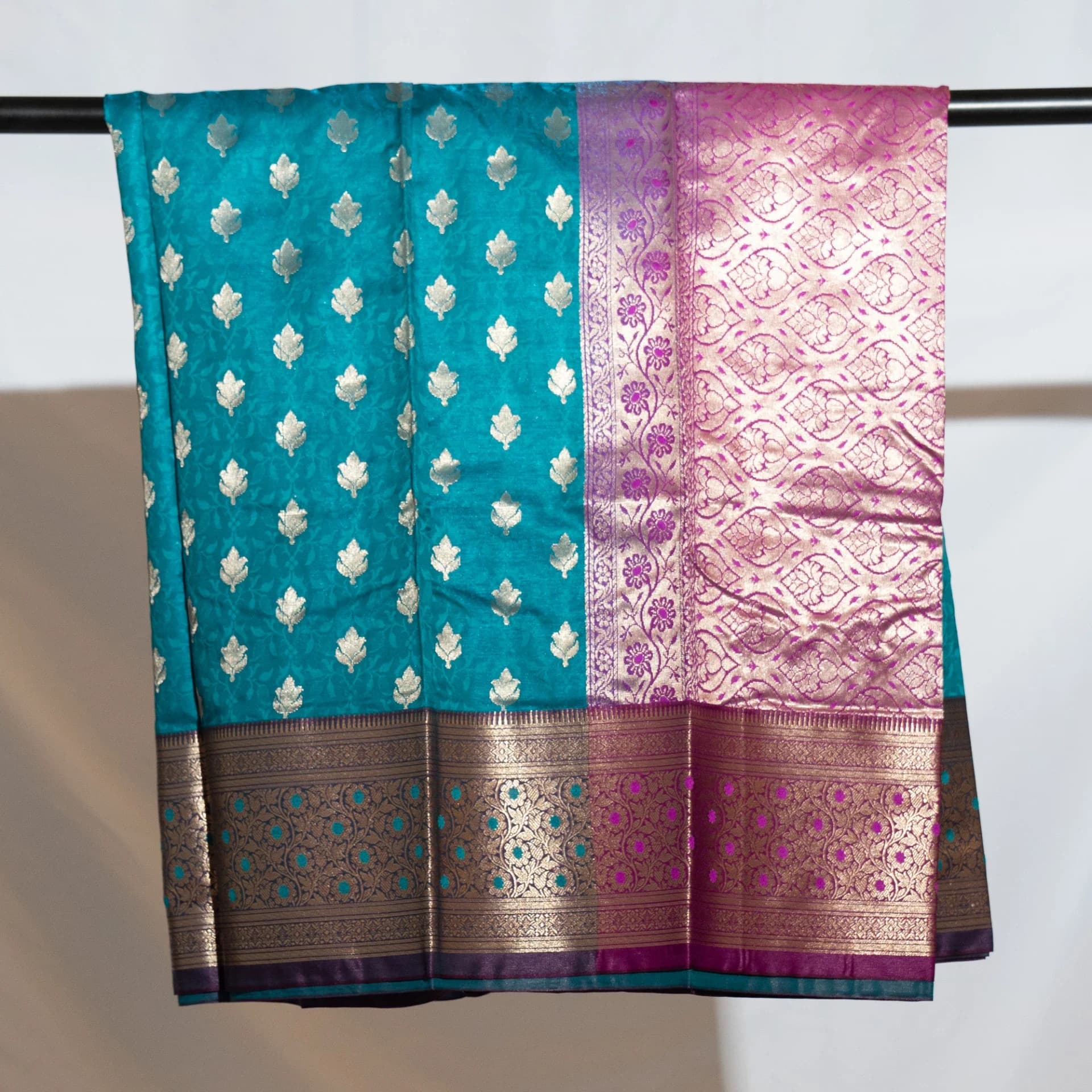 Dark Blue Saree with Contrast Purple Pallu & Blouse Piece