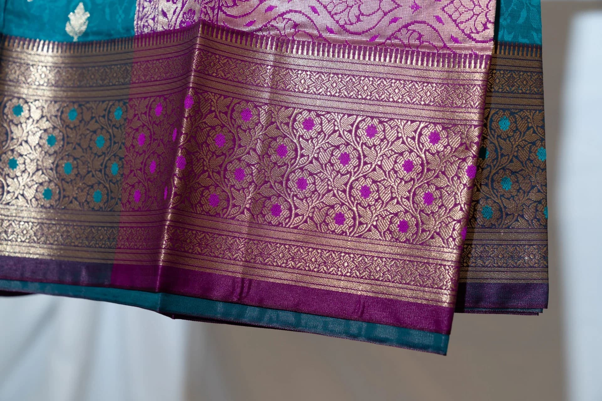Dark Blue Saree with Contrast Purple Pallu & Blouse Piece