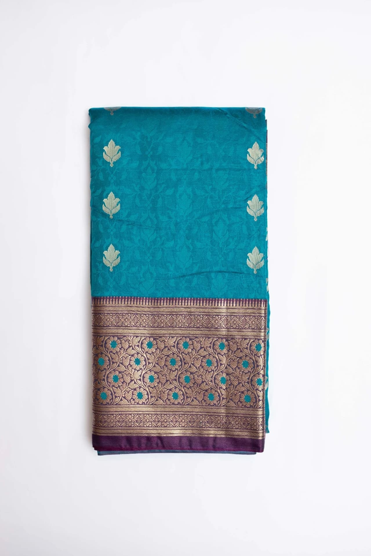 Dark Blue Saree with Contrast Purple Pallu & Blouse Piece