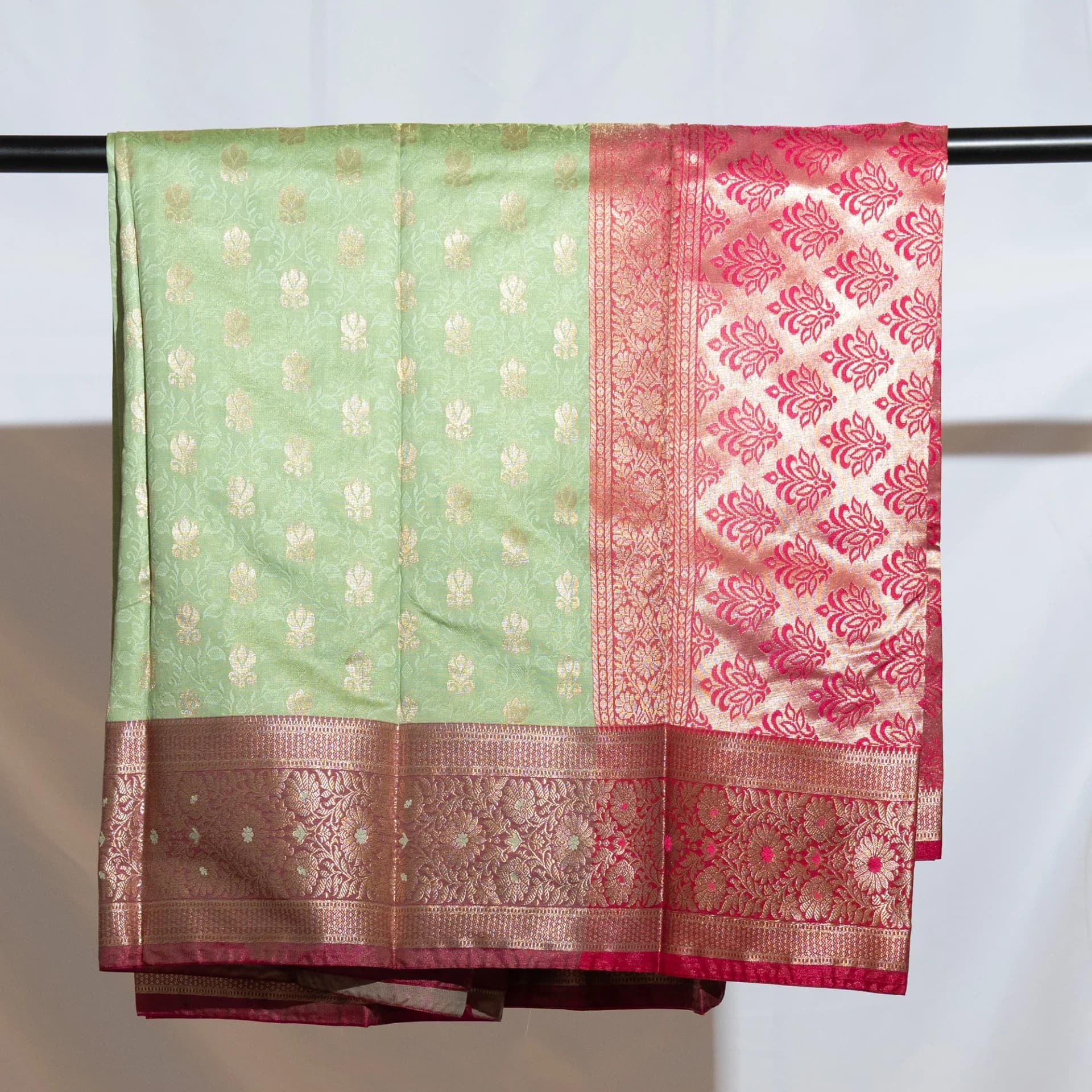 Pastel Green Saree with Contrast Pink Pallu & Blouse Piece