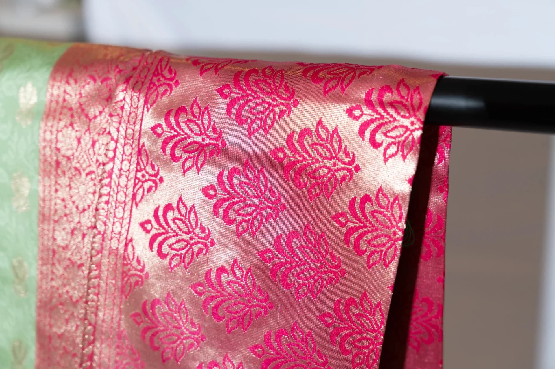 Pastel Green Saree with Contrast Pink Pallu & Blouse Piece