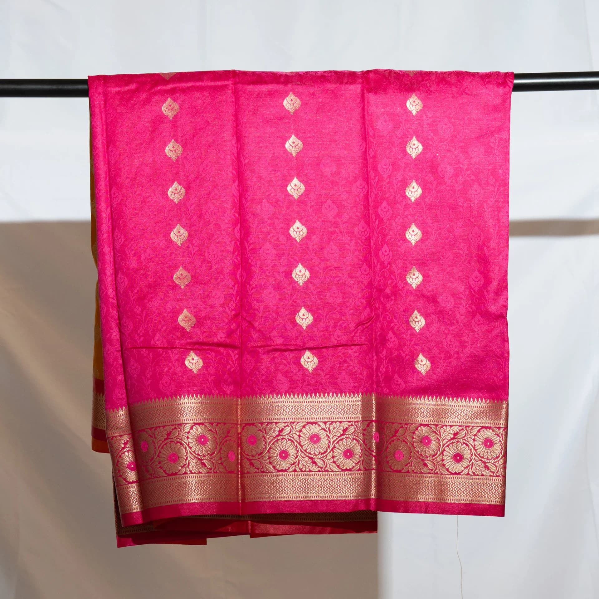 Mustard Yellow Saree with Contrast Pink Pallu & Blouse Piece