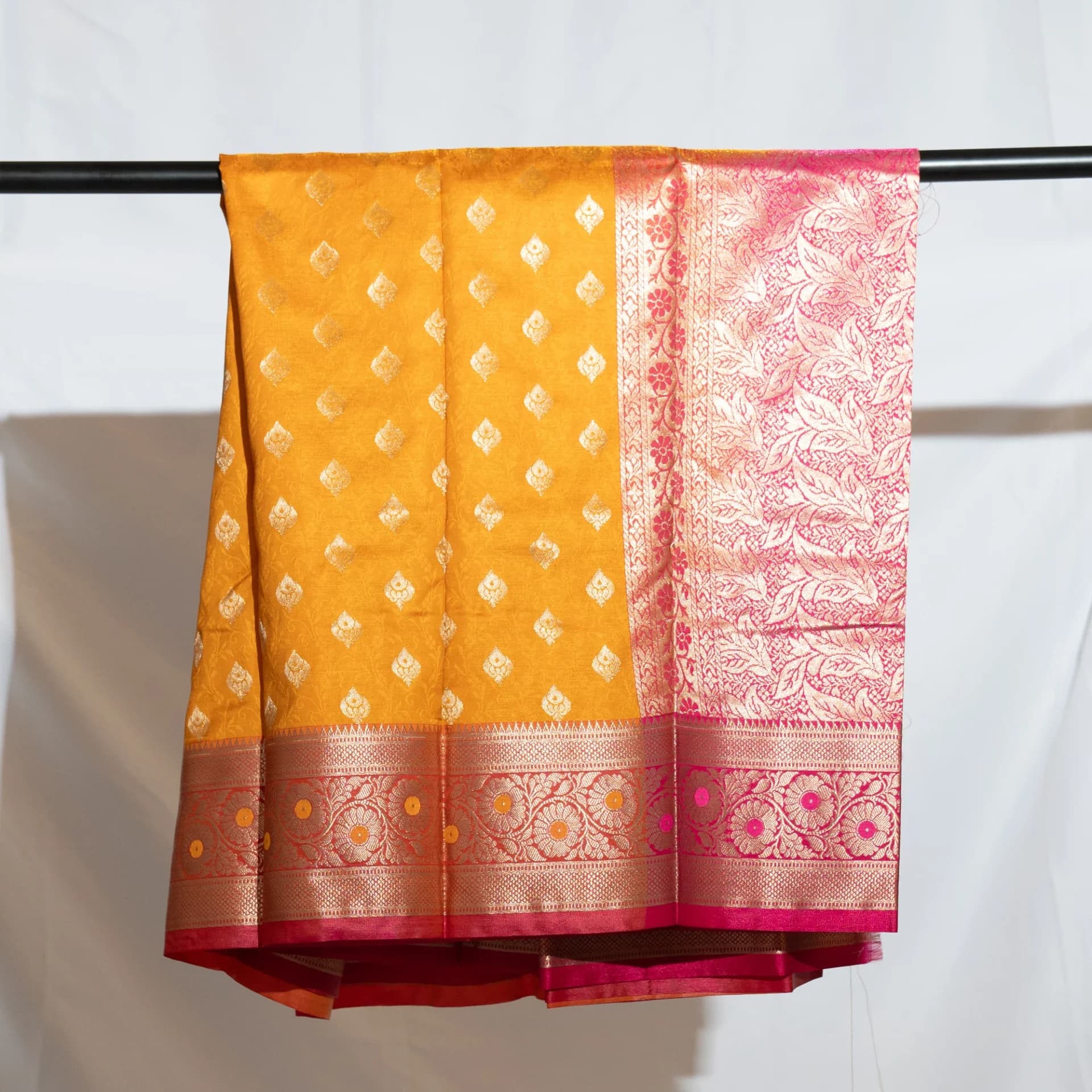 Mustard Yellow Saree with Contrast Pink Pallu & Blouse Piece