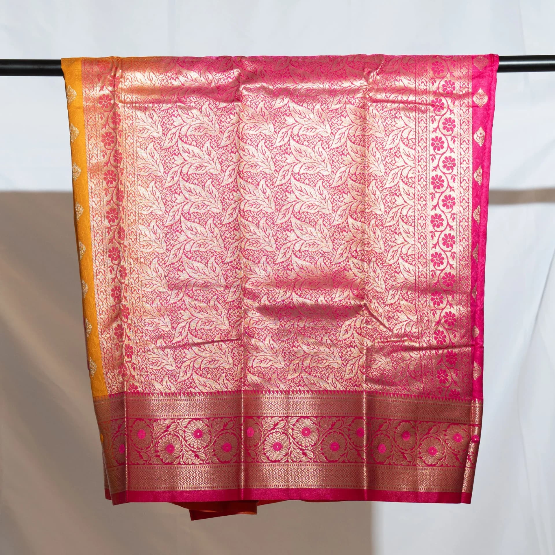 Mustard Yellow Saree with Contrast Pink Pallu & Blouse Piece