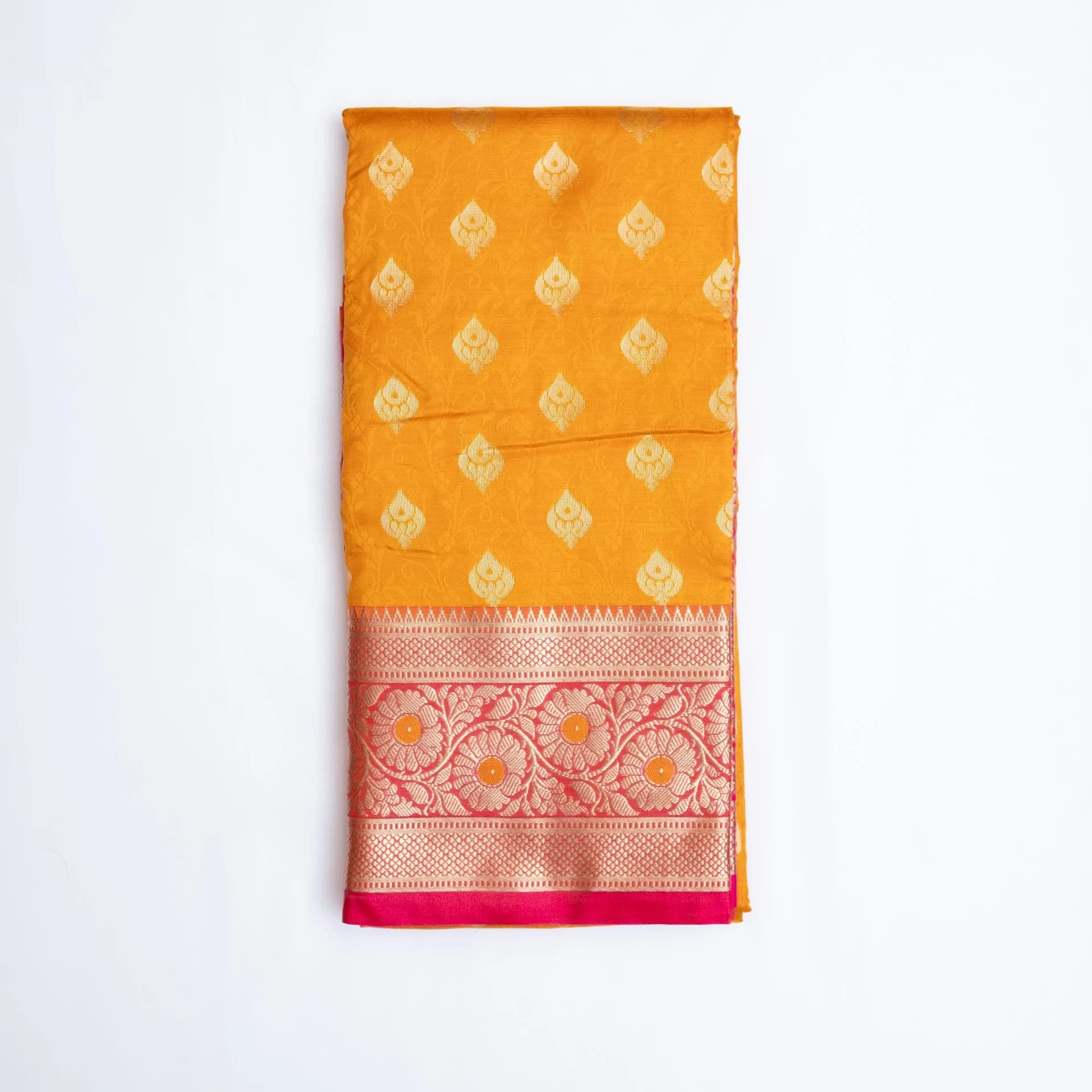 Mustard Yellow Saree with Contrast Pink Pallu & Blouse Piece