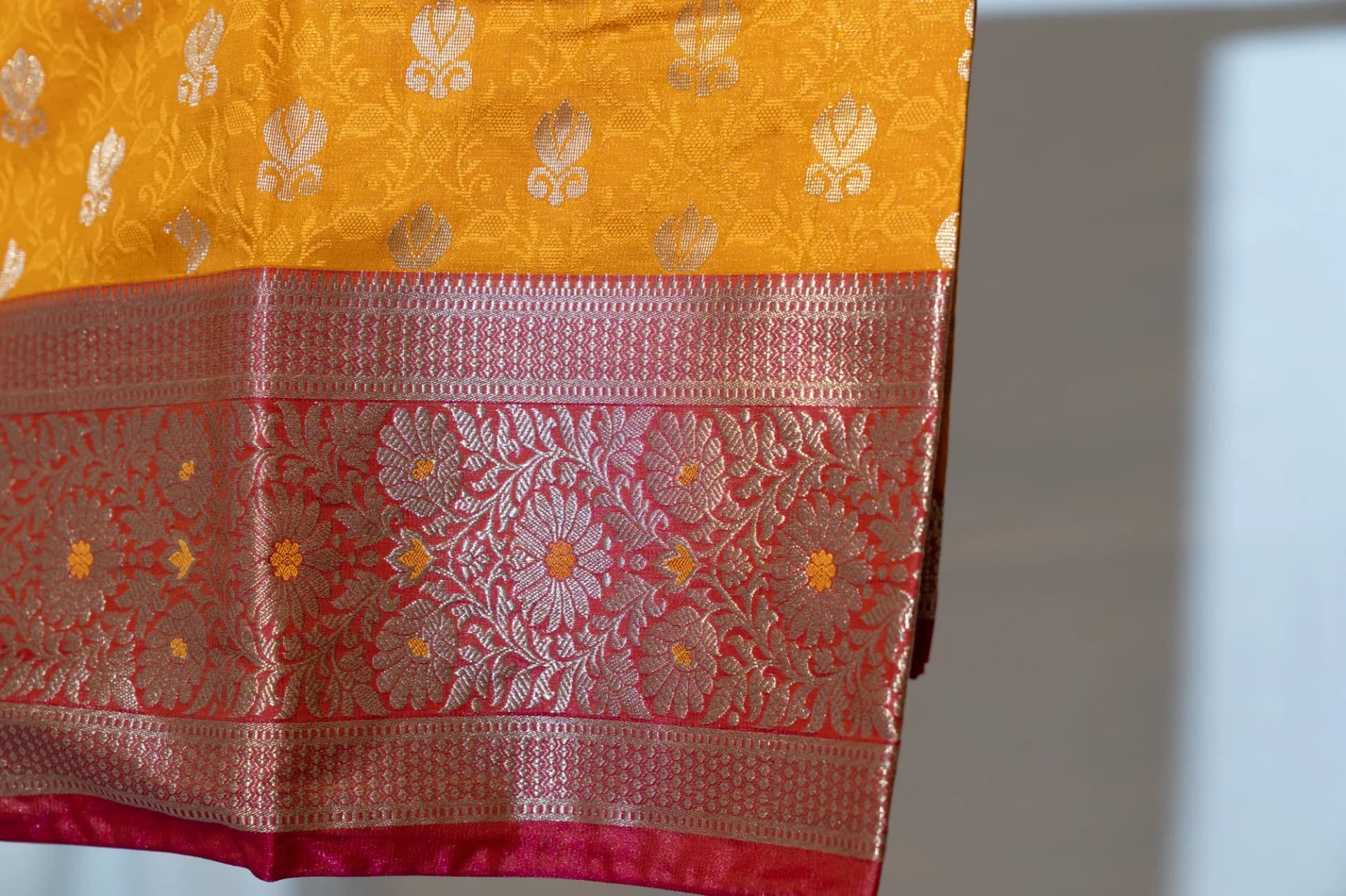 Mustard Yellow Saree with Contrast Pink Pallu & Blouse Piece
