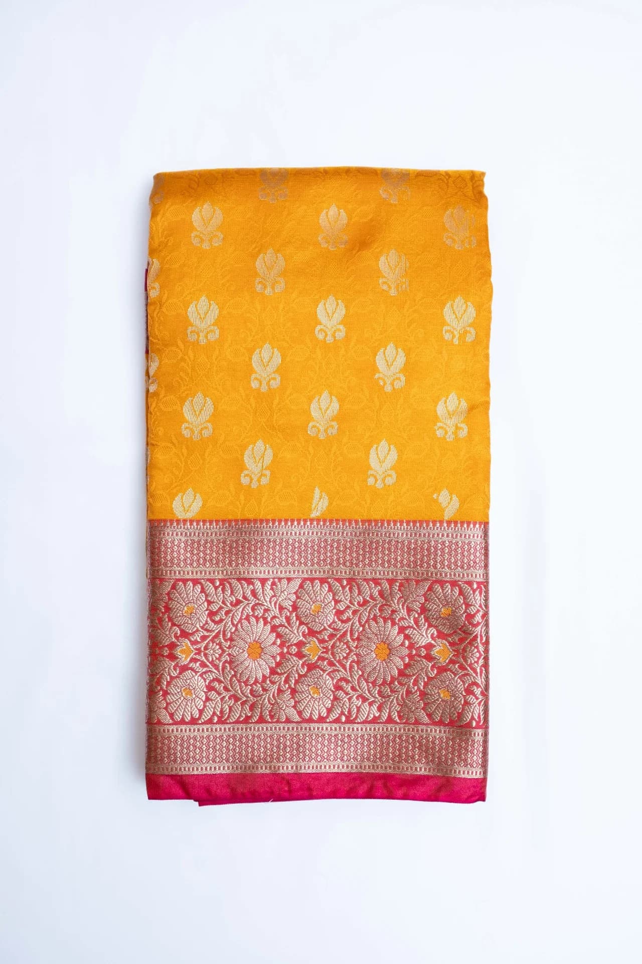 Mustard Yellow Saree with Contrast Pink Pallu & Blouse Piece