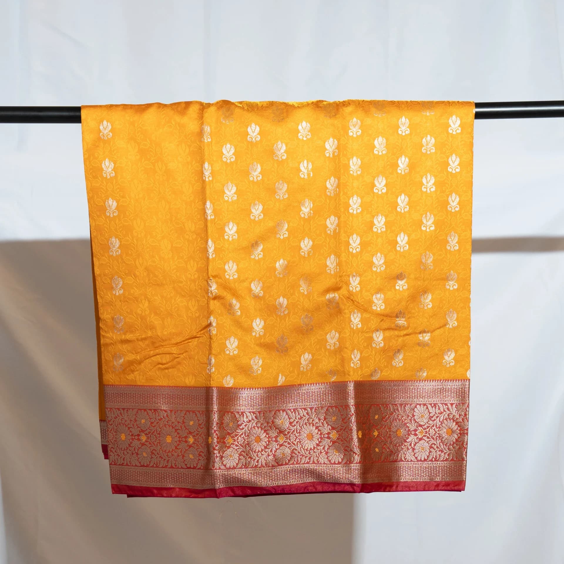 Mustard Yellow Saree with Contrast Pink Pallu & Blouse Piece