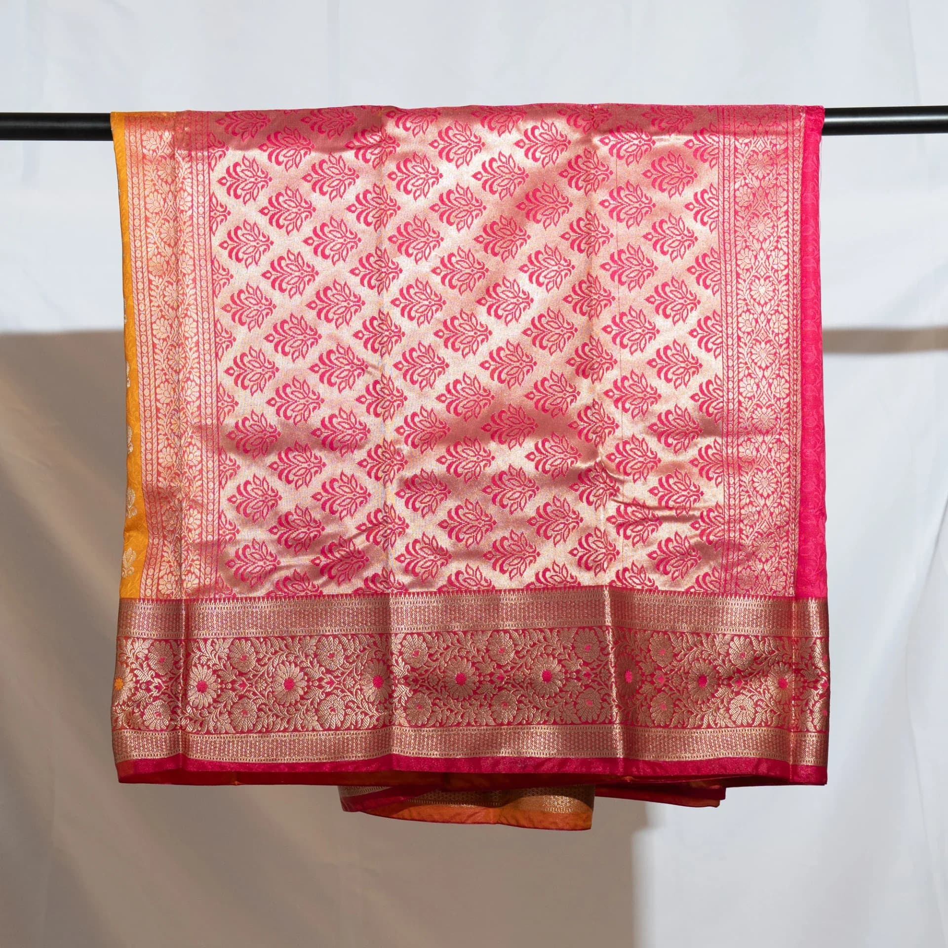 Mustard Yellow Saree with Contrast Pink Pallu & Blouse Piece