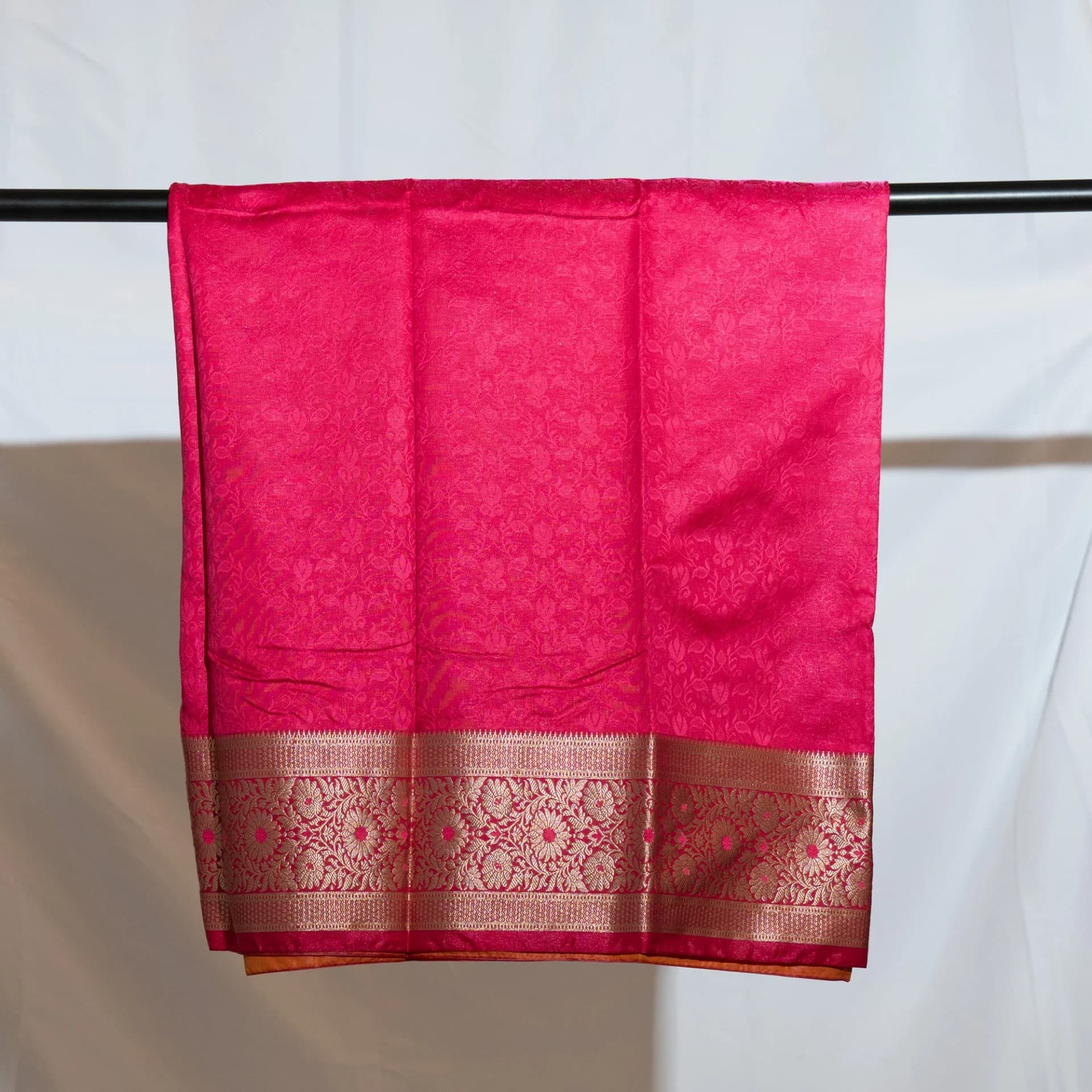 Mustard Yellow Saree with Contrast Pink Pallu & Blouse Piece
