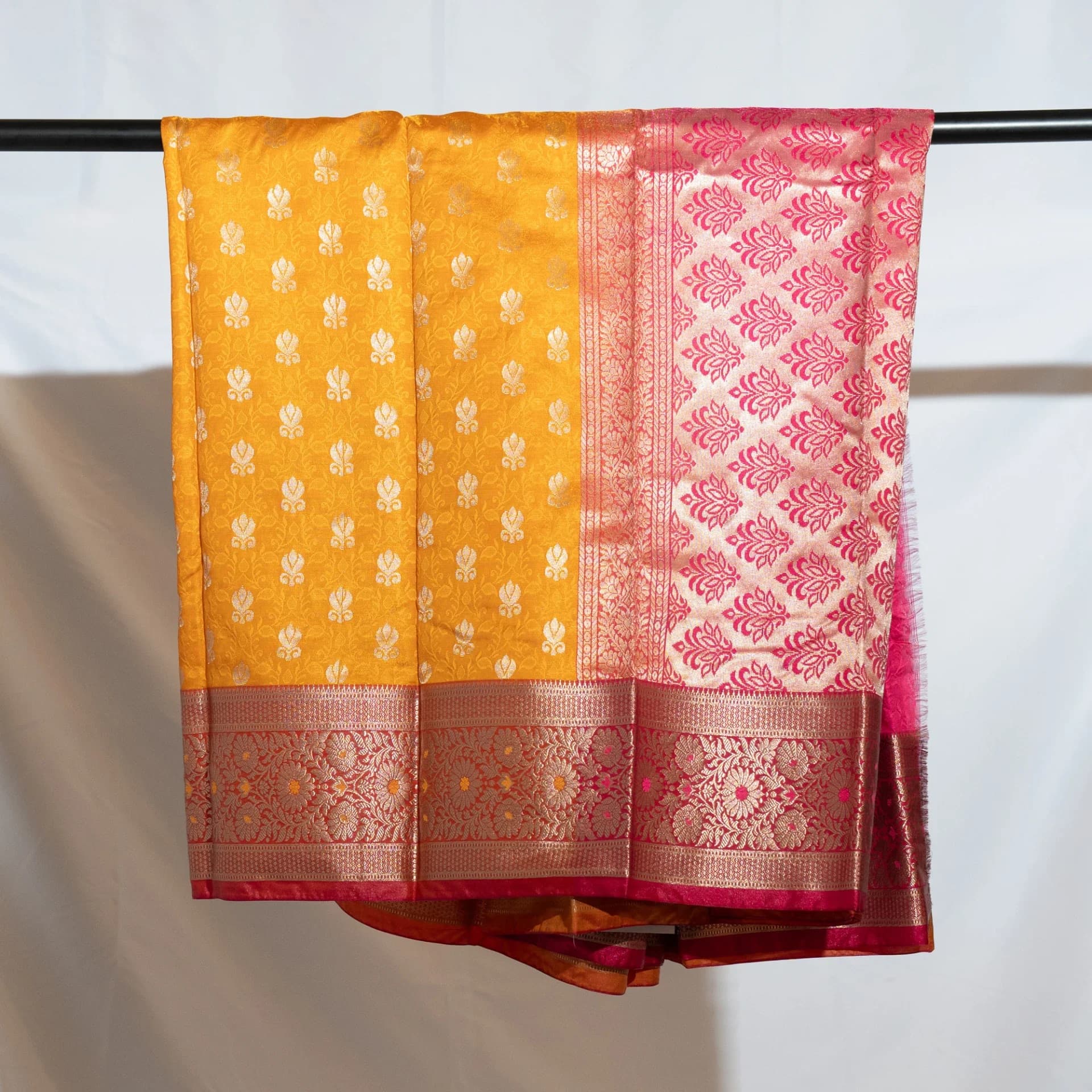 Mustard Yellow Saree with Contrast Pink Pallu & Blouse Piece