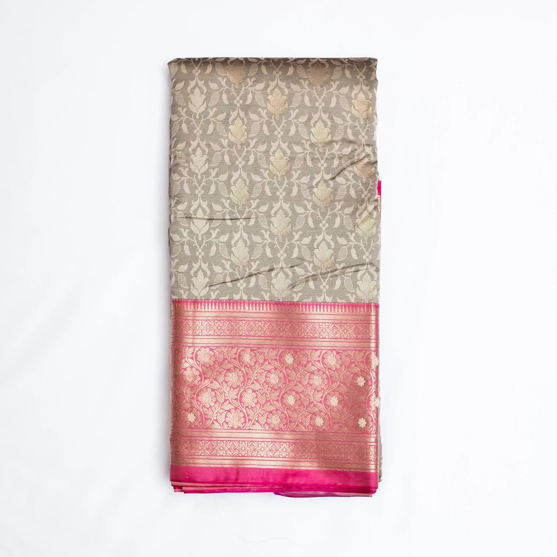 Grey Saree with Contrast Pink Pallu & Blouse Piece