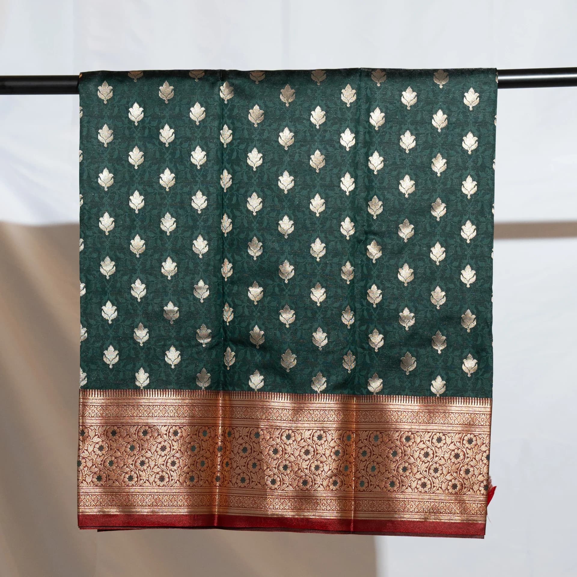 Dark Green Saree with Contrast Red Pallu & Blouse Piece