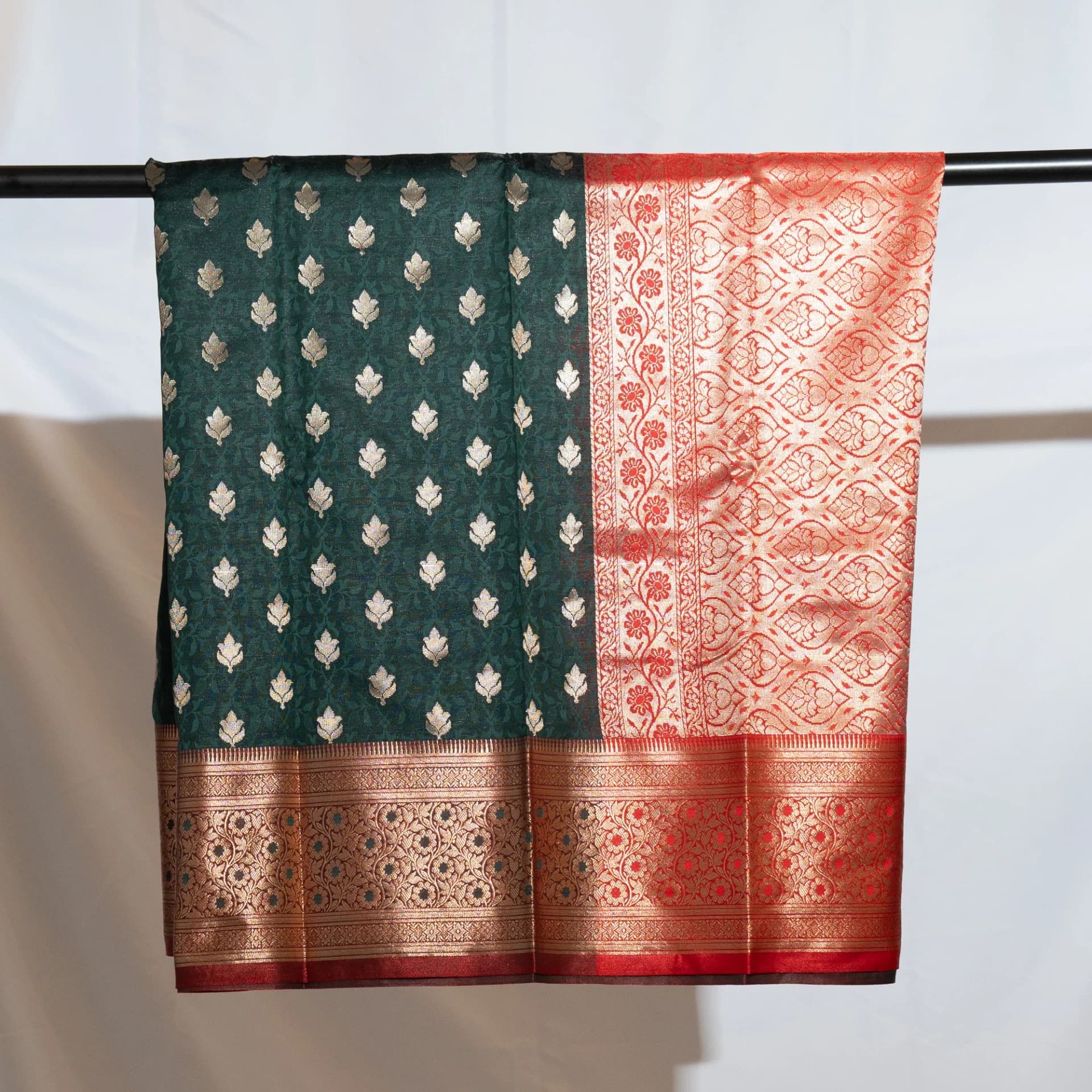 Dark Green Saree with Contrast Red Pallu & Blouse Piece