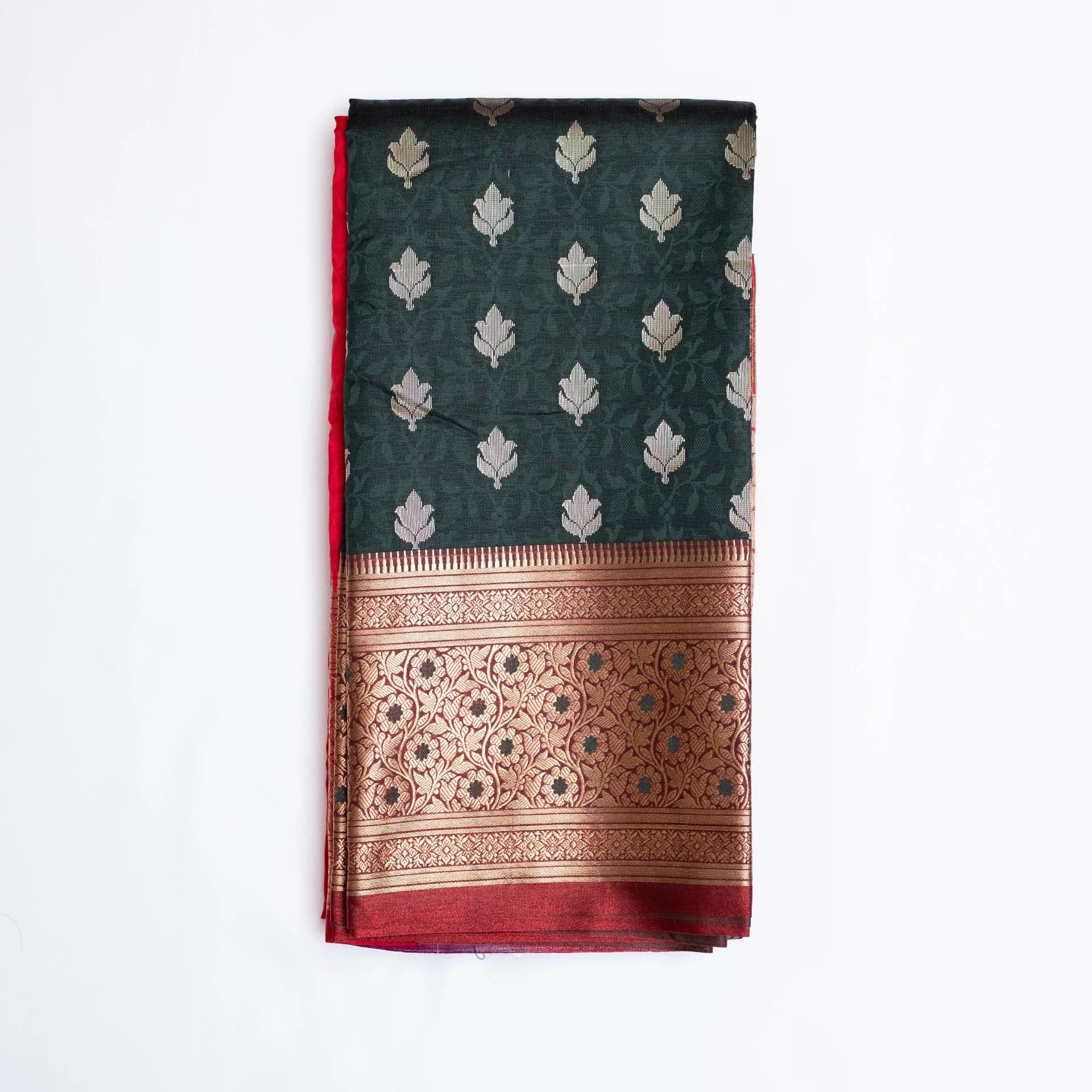 Dark Green Saree with Contrast Red Pallu & Blouse Piece