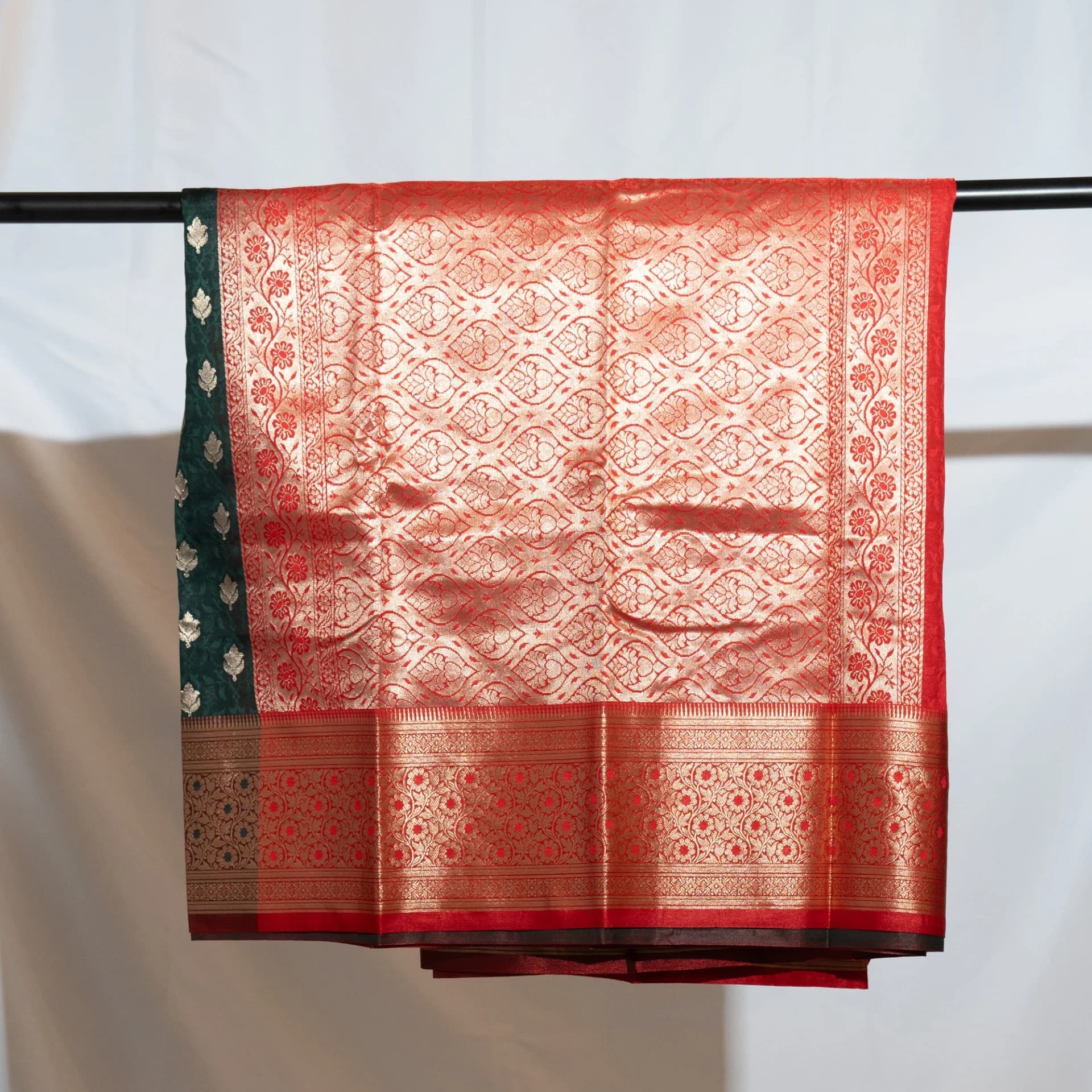 Dark Green Saree with Contrast Red Pallu & Blouse Piece