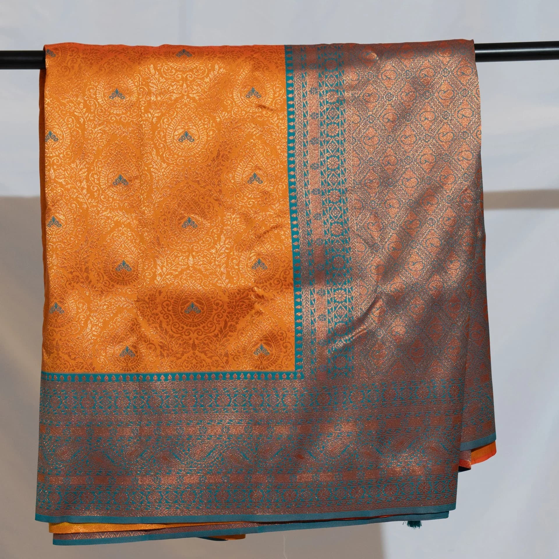 Mustard Brocade Saree with Contrast Teal Pallu & Two Blouse Pieces
