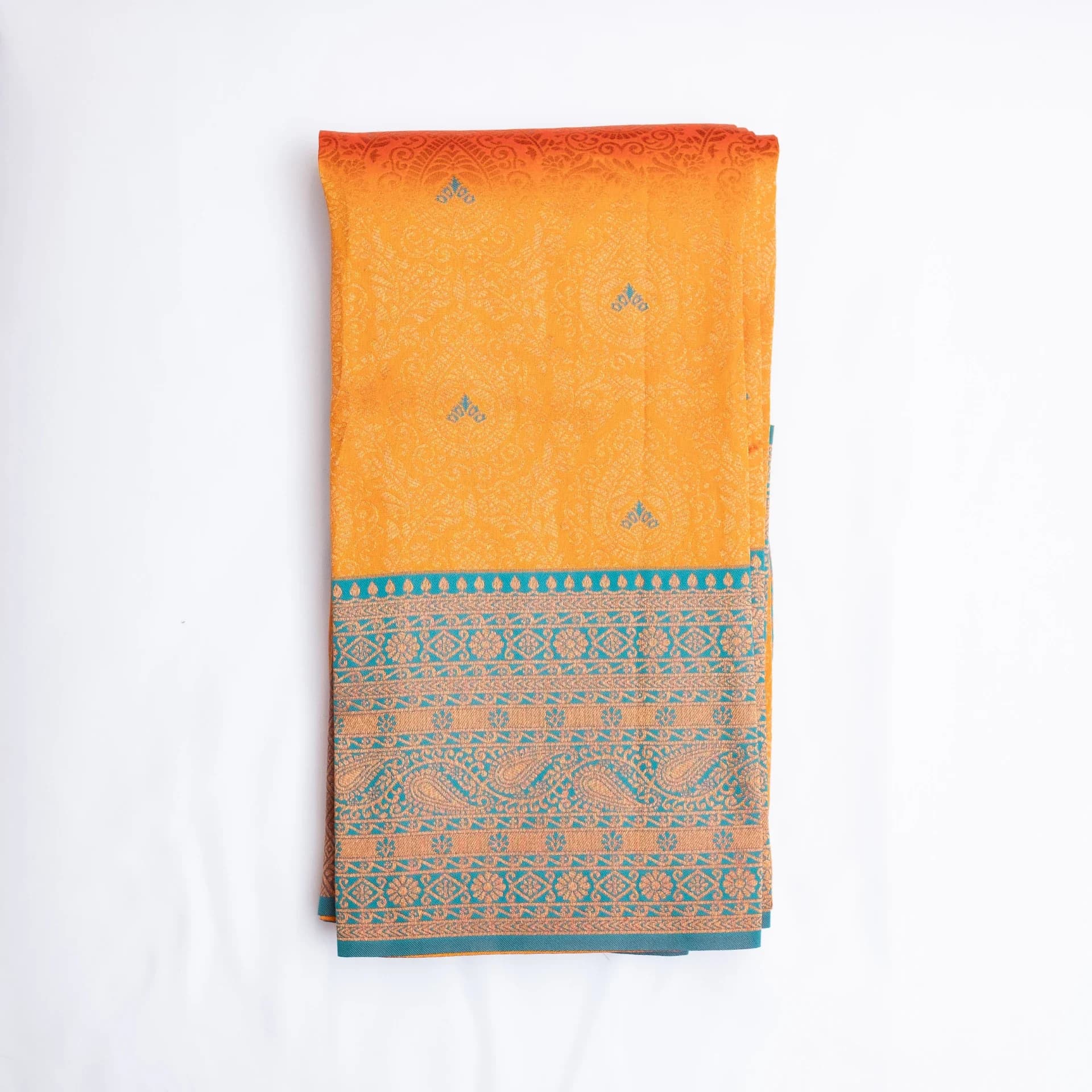 Mustard Brocade Saree with Contrast Teal Pallu & Two Blouse Pieces