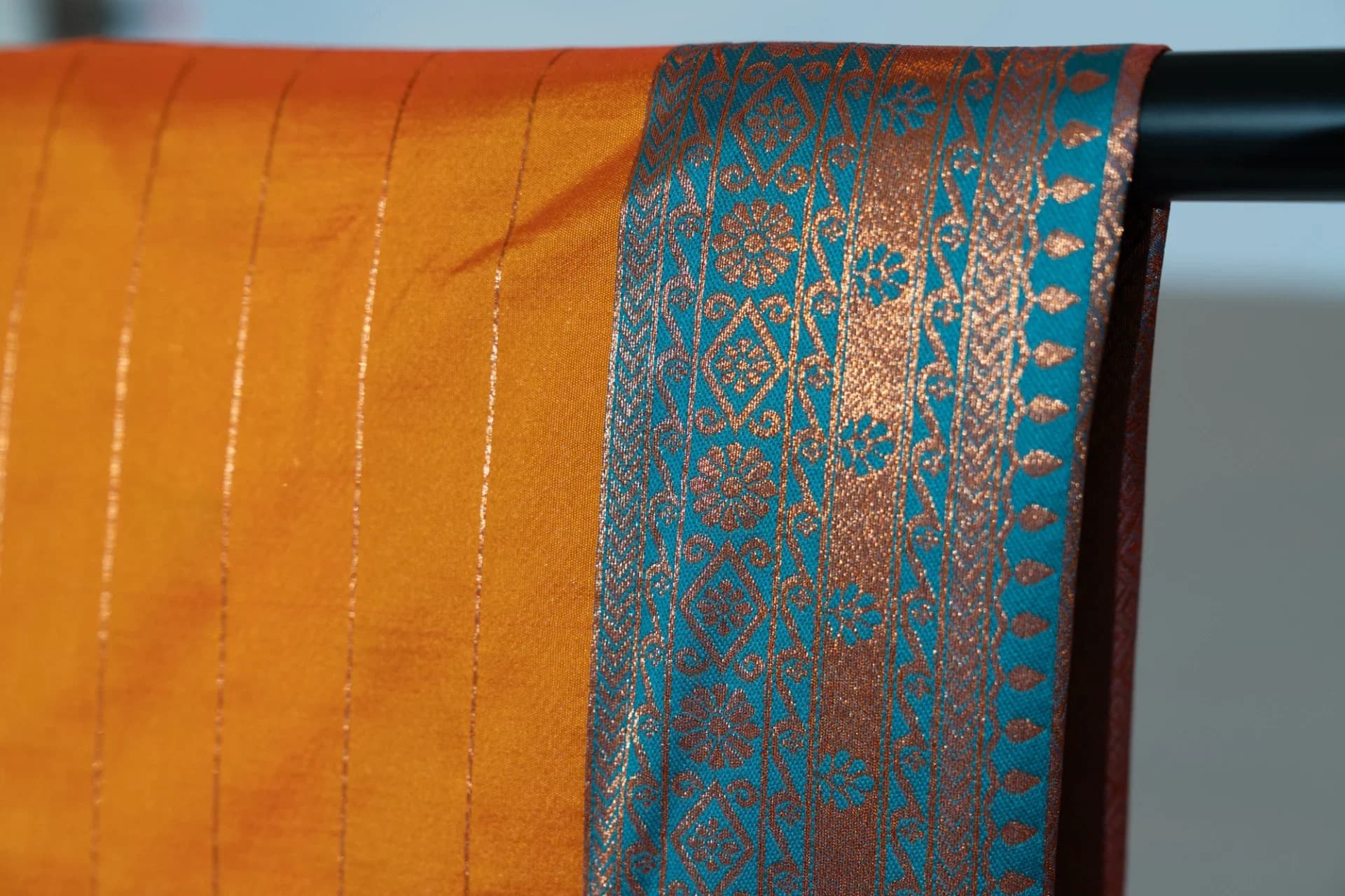 Mustard Brocade Saree with Contrast Teal Pallu & Two Blouse Pieces