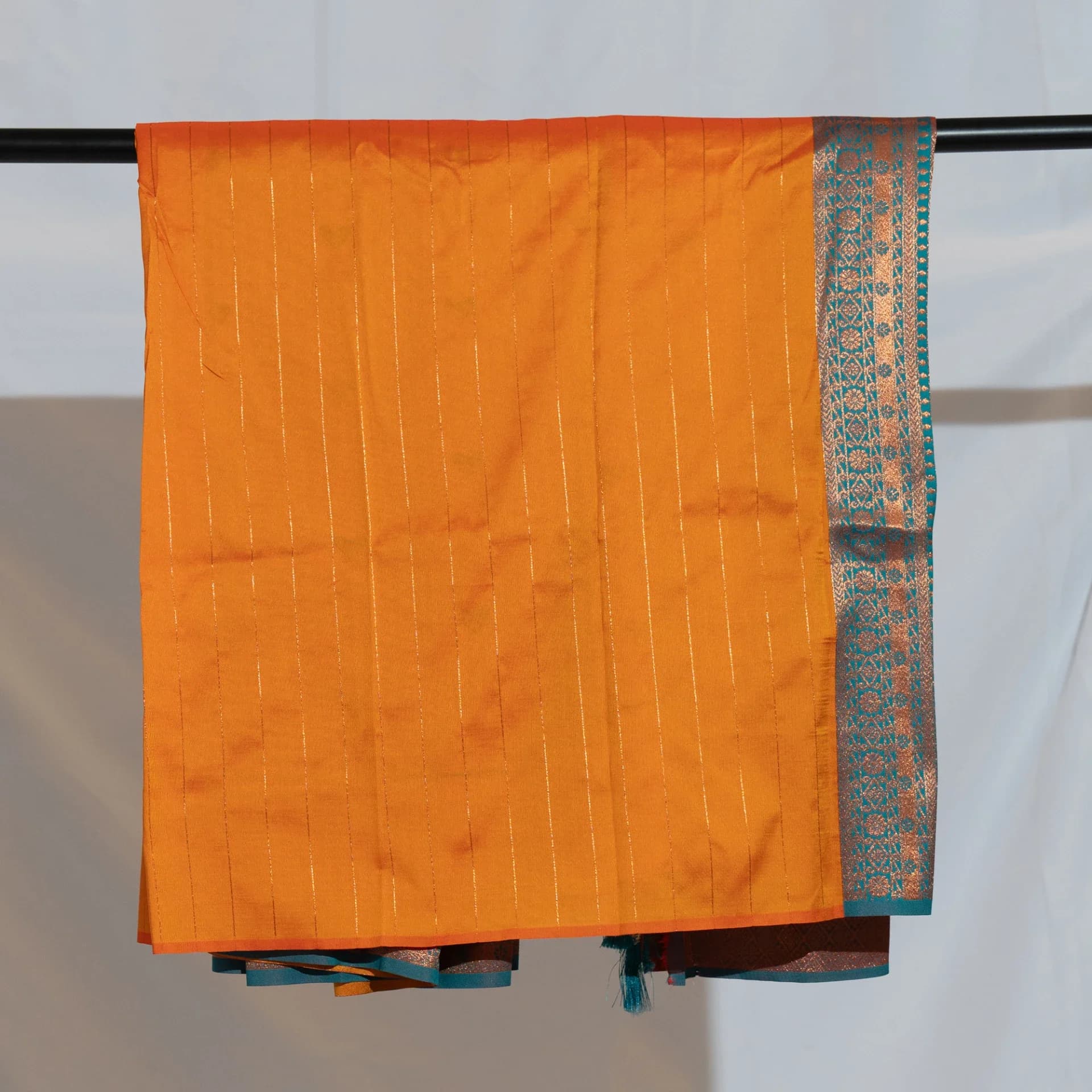 Mustard Brocade Saree with Contrast Teal Pallu & Two Blouse Pieces