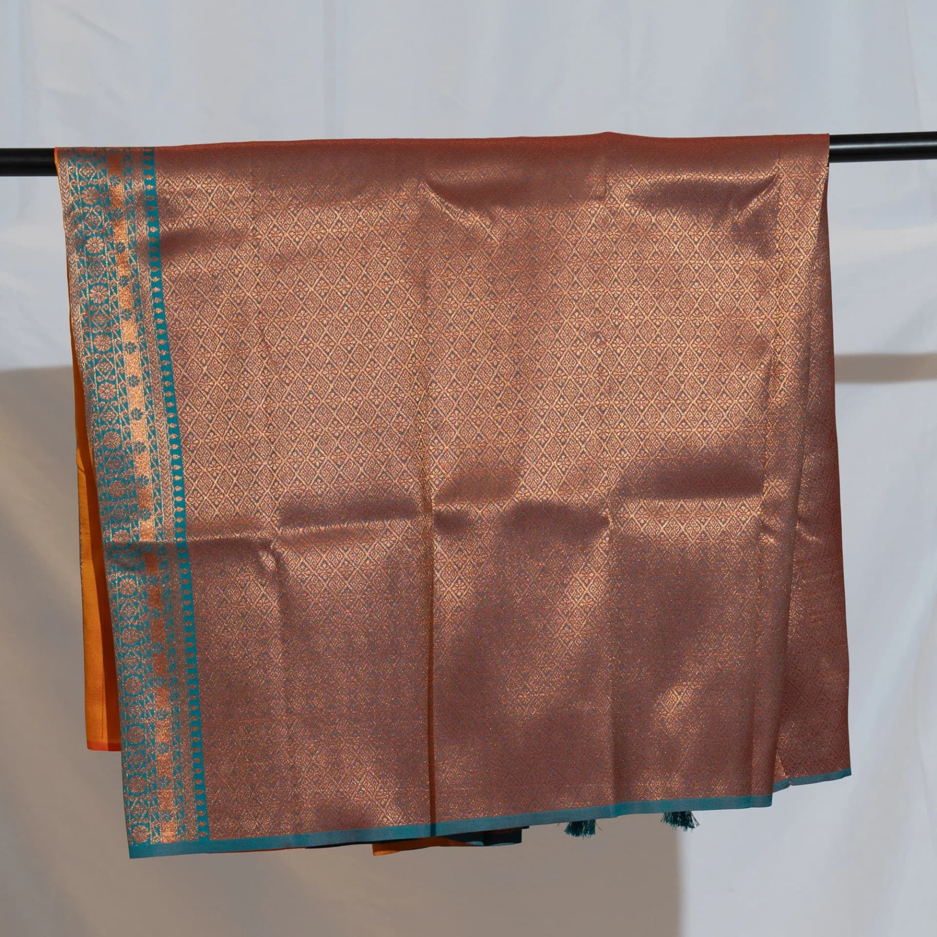 Mustard Brocade Saree with Contrast Teal Pallu & Two Blouse Pieces