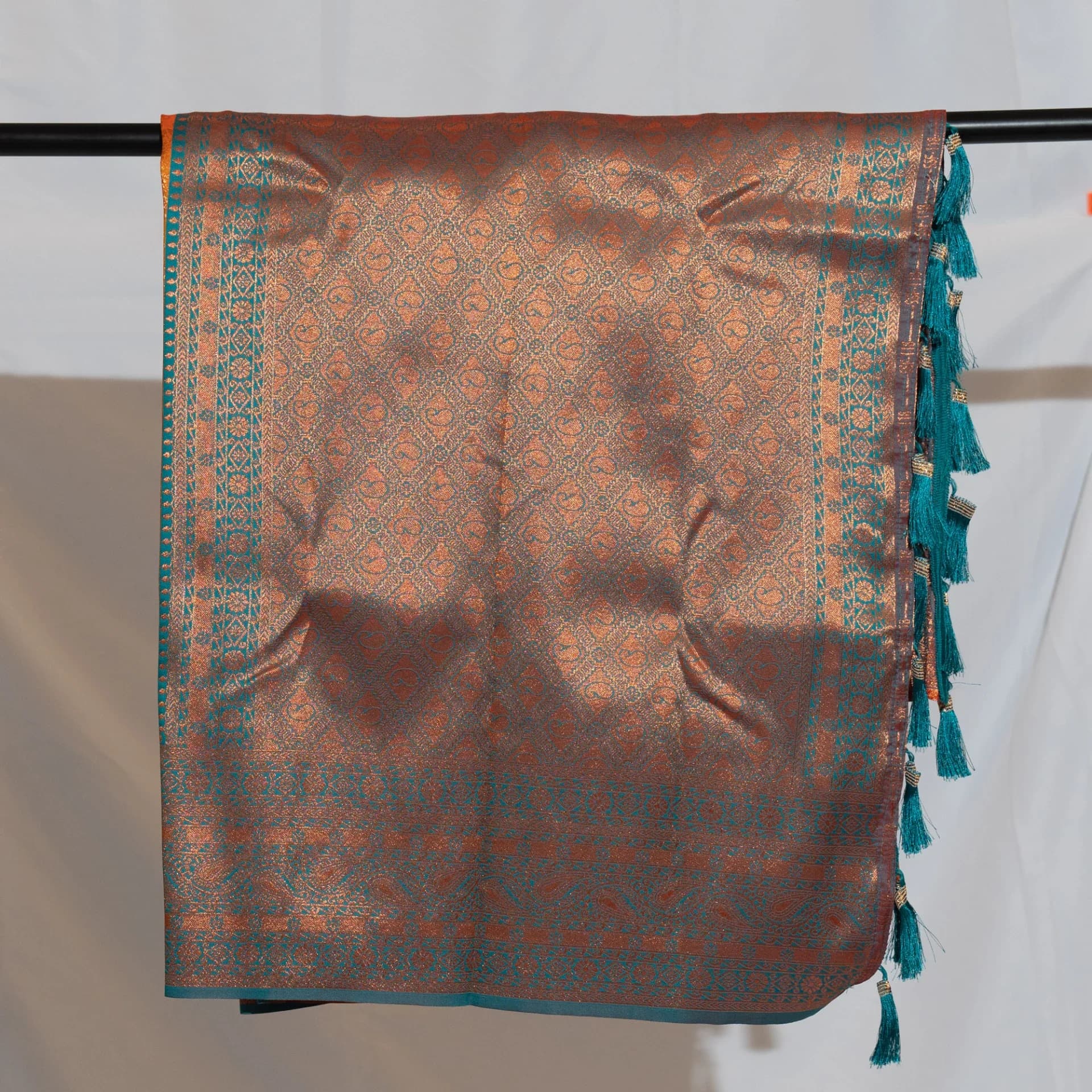 Mustard Brocade Saree with Contrast Teal Pallu & Two Blouse Pieces