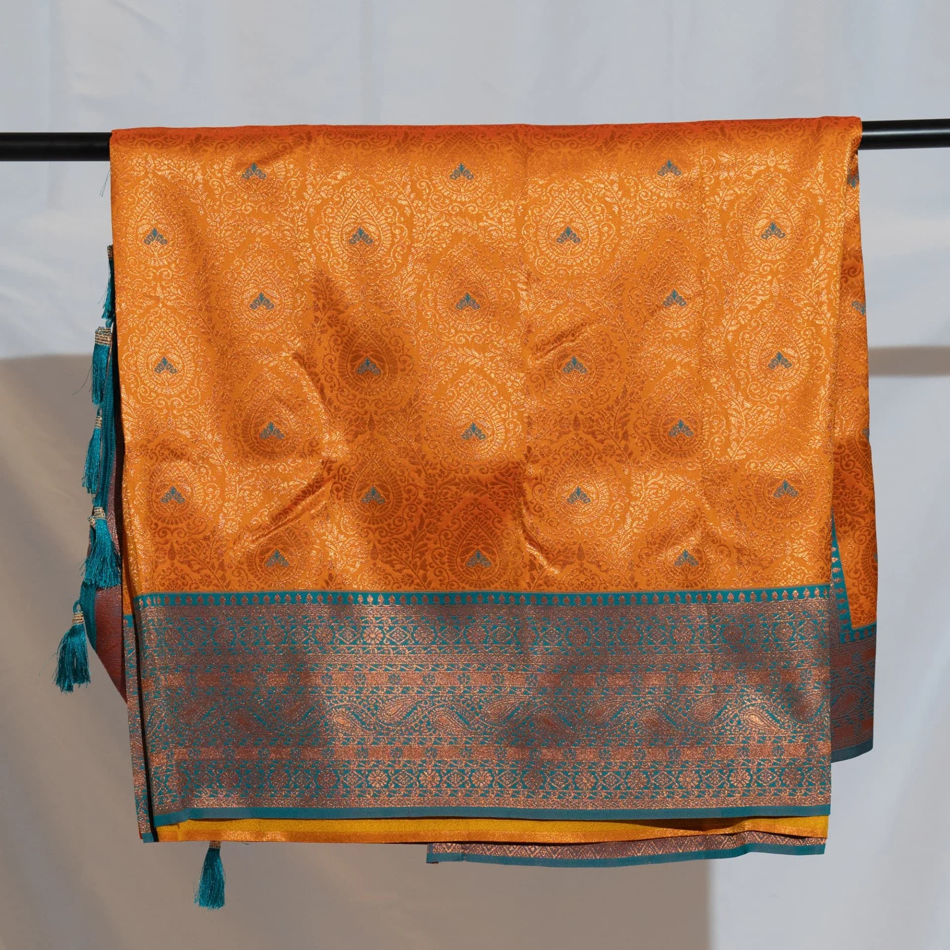 Mustard Brocade Saree with Contrast Teal Pallu & Two Blouse Pieces