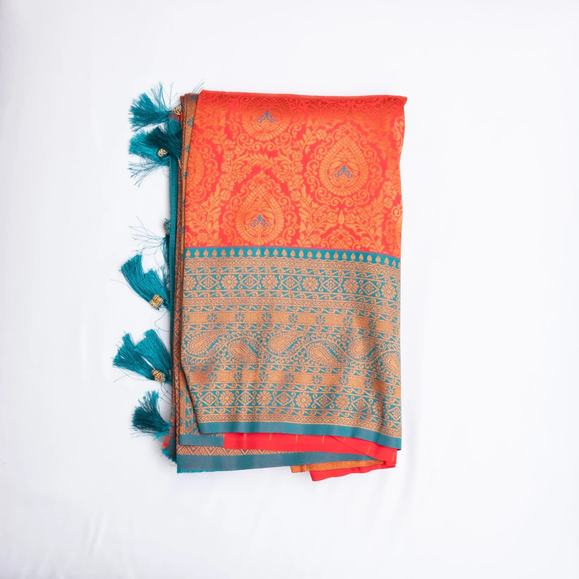 Red Brocade Saree with Contrast Teal Pallu & Two Blouse Pieces