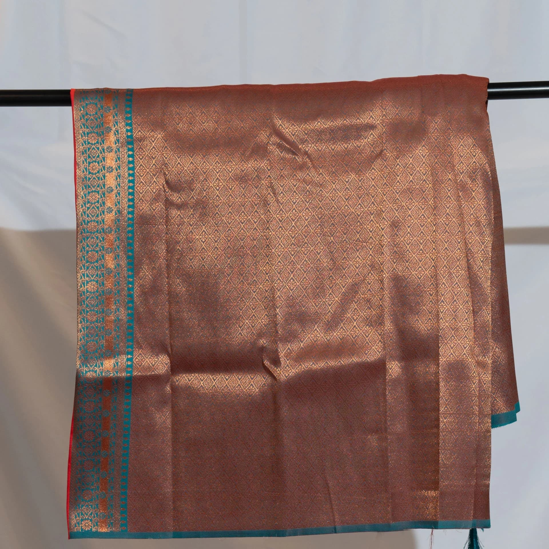 Red Brocade Saree with Contrast Teal Pallu & Two Blouse Pieces