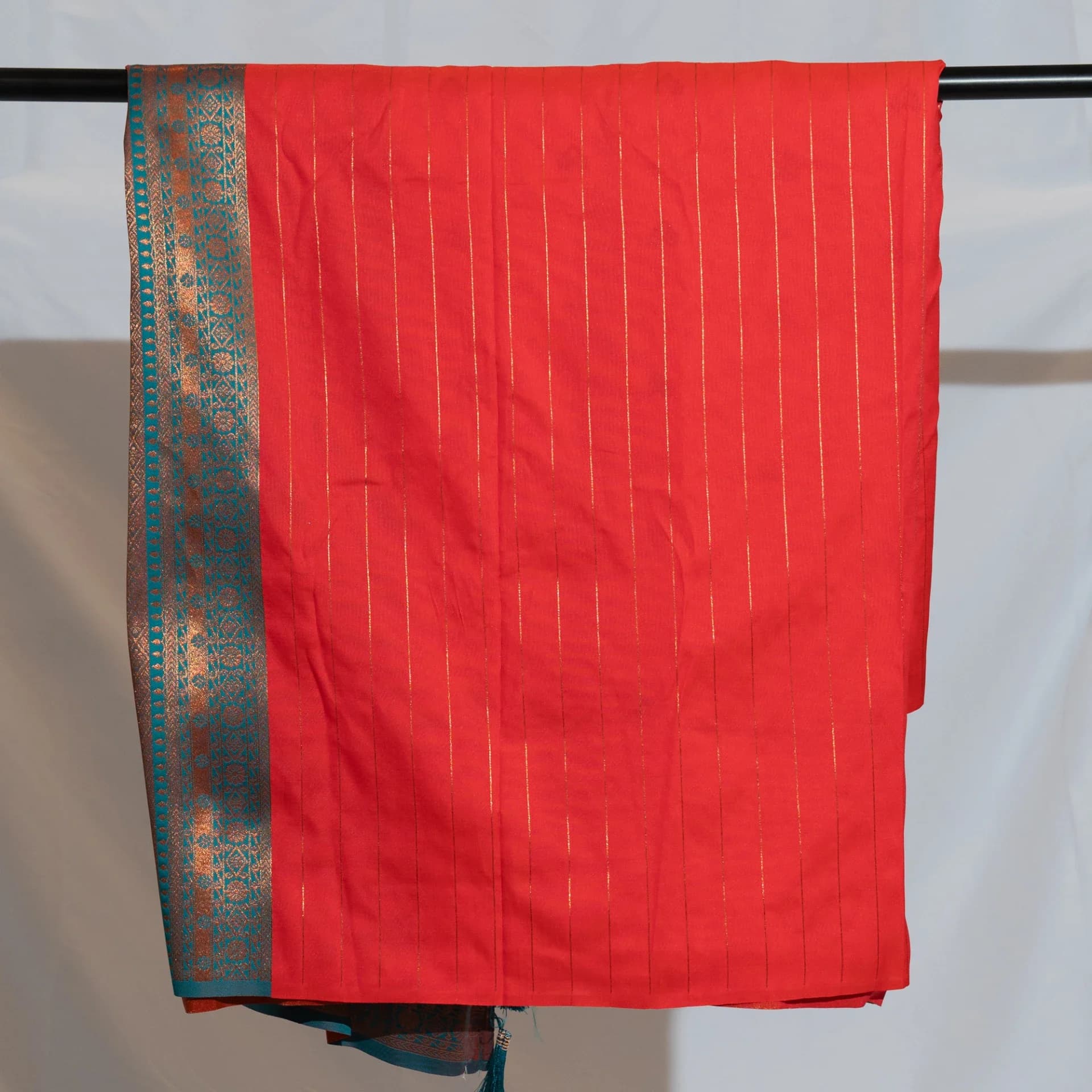 Red Brocade Saree with Contrast Teal Pallu & Two Blouse Pieces