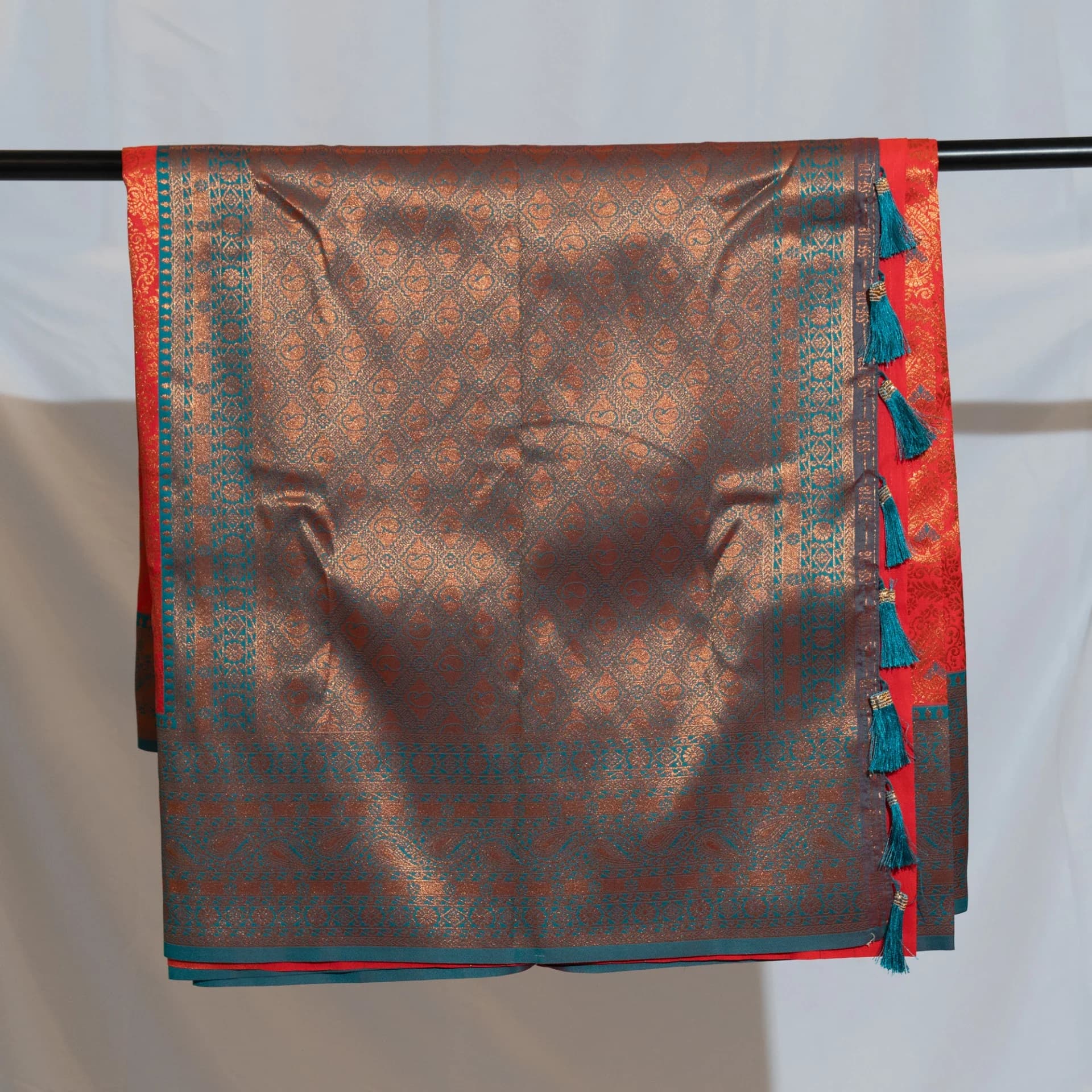 Red Brocade Saree with Contrast Teal Pallu & Two Blouse Pieces