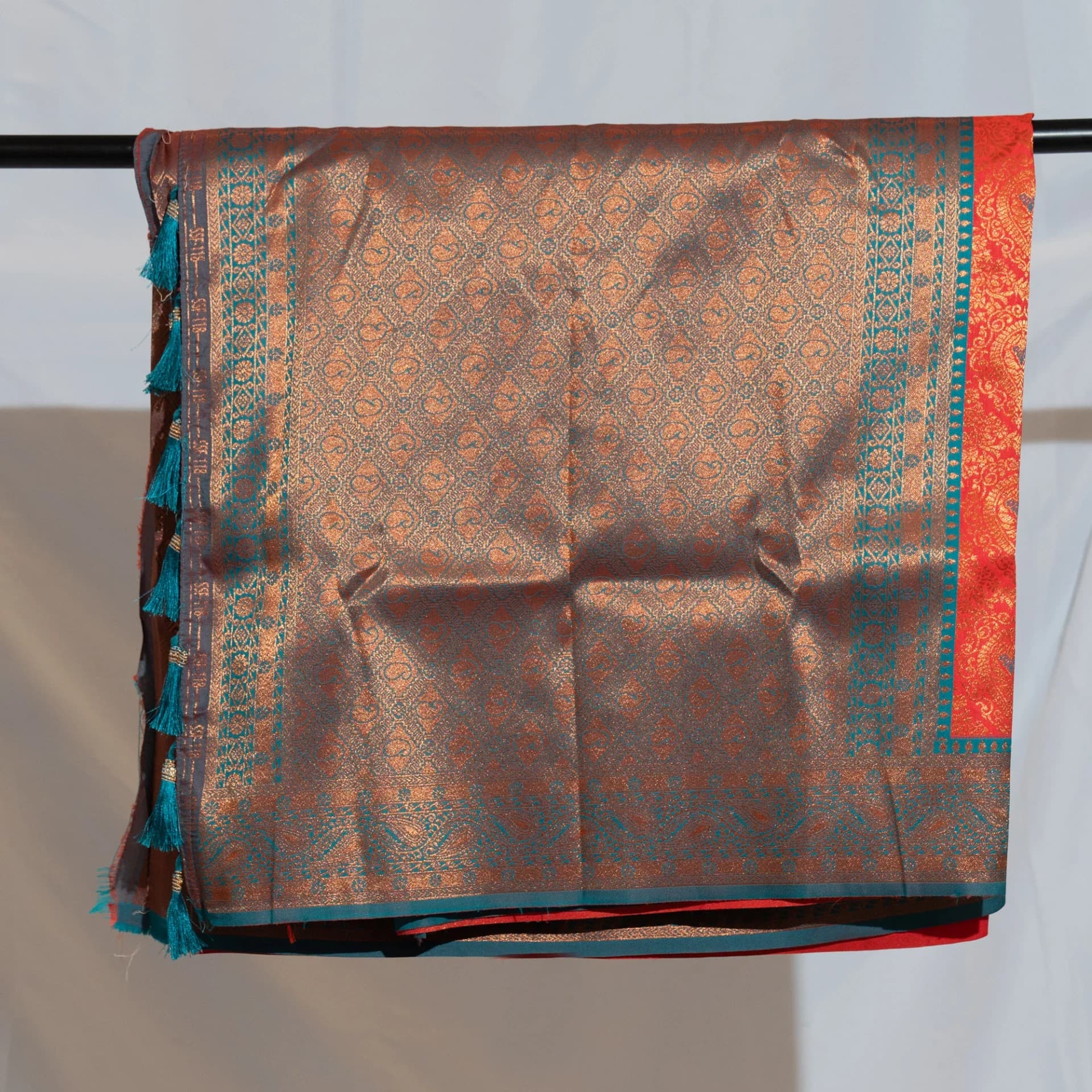 Red Brocade Saree with Contrast Teal Pallu & Two Blouse Pieces