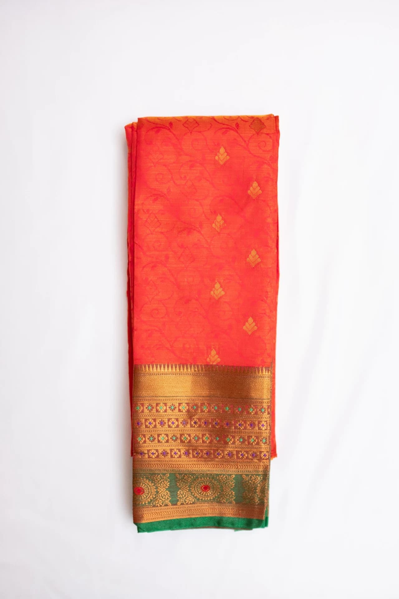 Deep Orange Saree with Copper Work & Contrast Green Pallu
