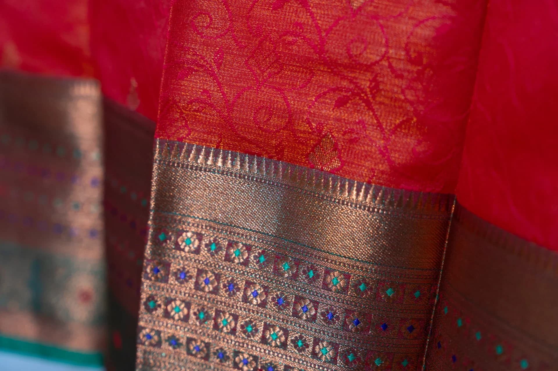 Deep Orange Saree with Copper Work & Contrast Green Pallu