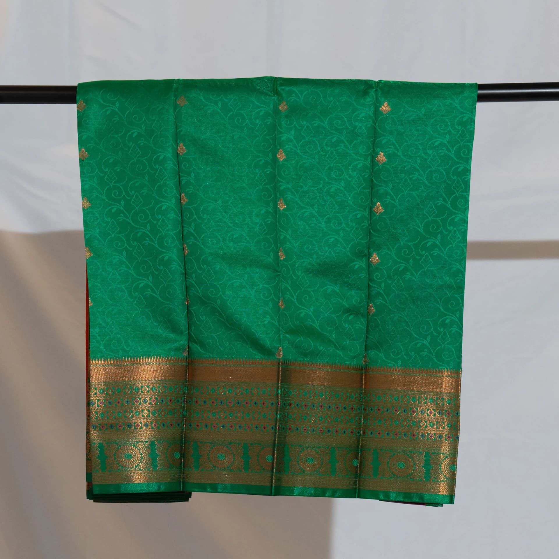 Deep Orange Saree with Copper Work & Contrast Green Pallu