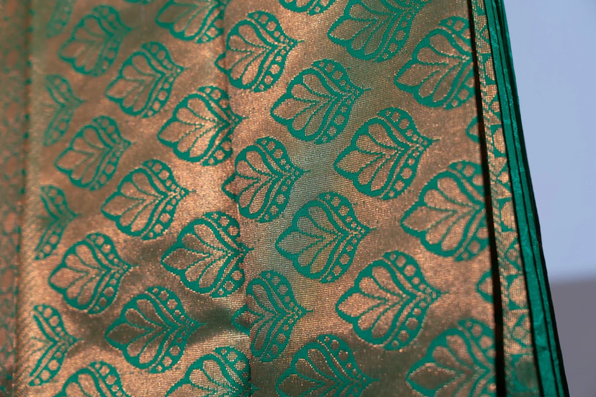 Deep Orange Saree with Copper Work & Contrast Green Pallu
