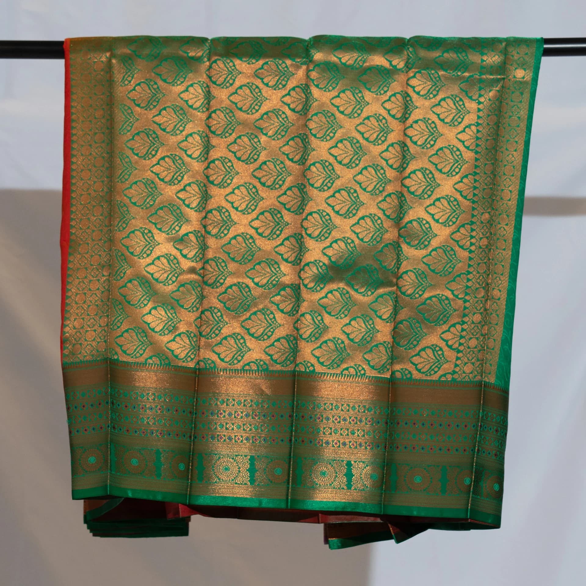 Deep Orange Saree with Copper Work & Contrast Green Pallu