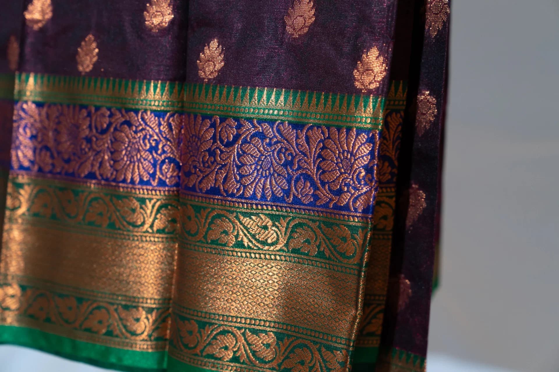 Eggplant Purple Saree with Copper Work & Contrast Green Pallu