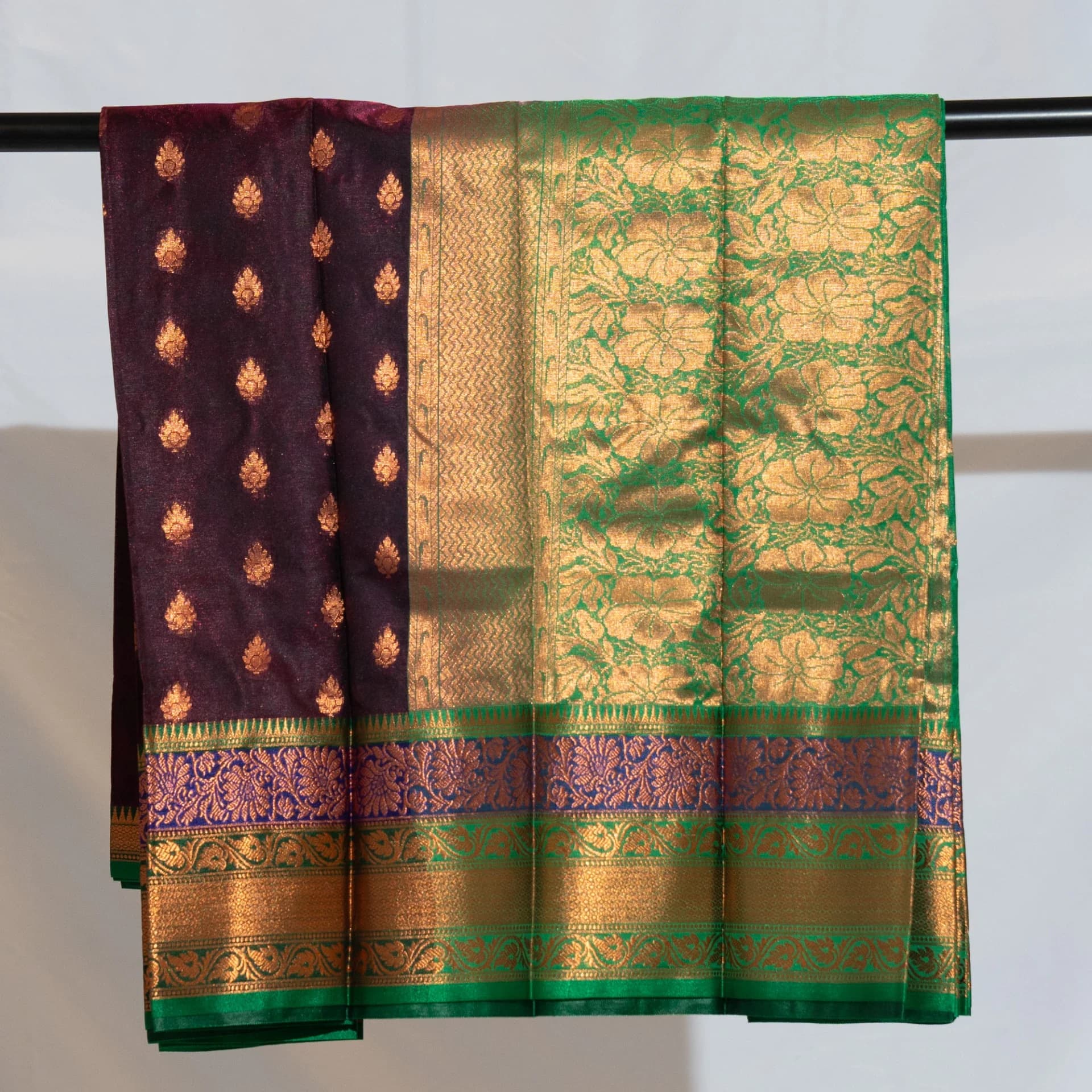 Eggplant Purple Saree with Copper Work & Contrast Green Pallu