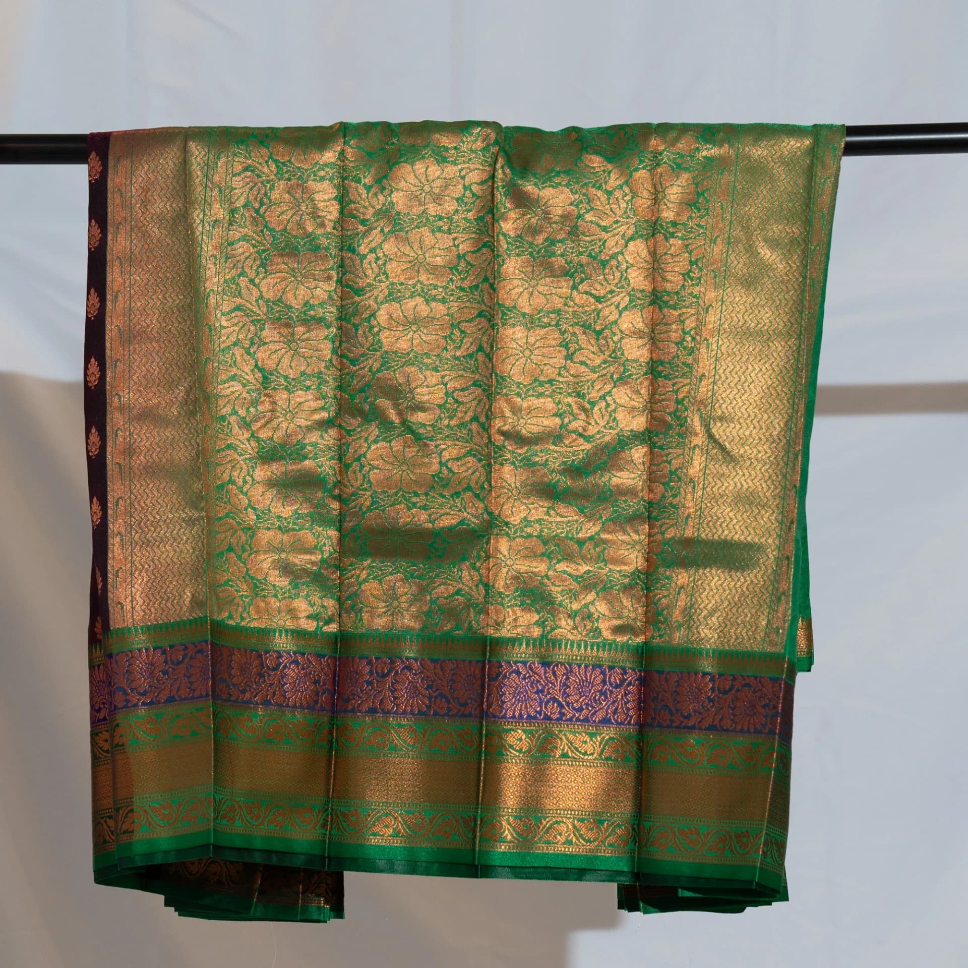 Eggplant Purple Saree with Copper Work & Contrast Green Pallu