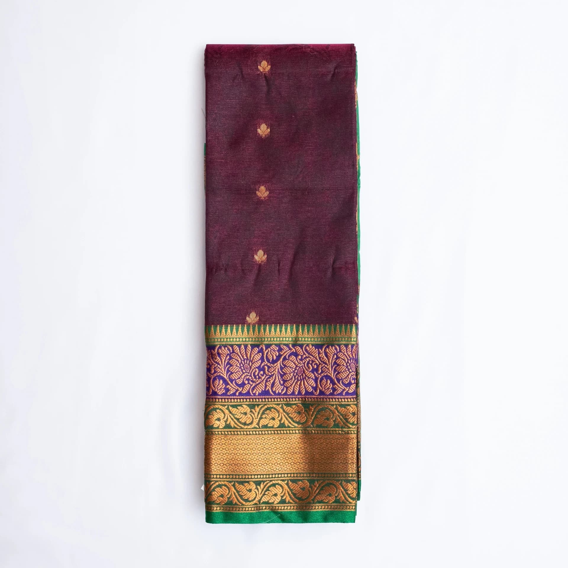 Eggplant Purple Saree with Copper Work & Contrast Green Pallu
