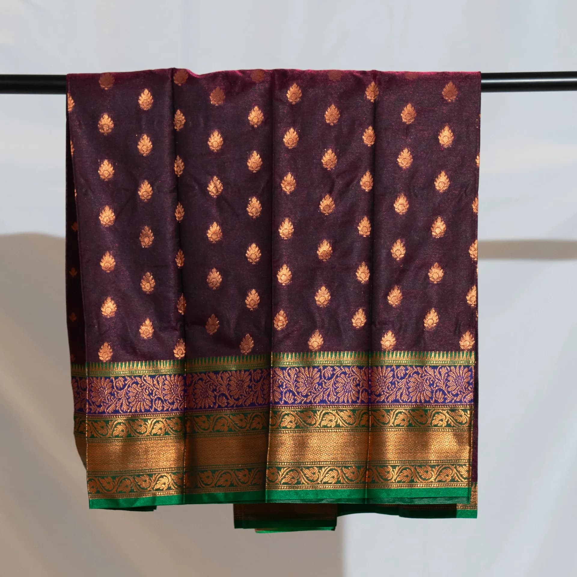 Eggplant Purple Saree with Copper Work & Contrast Green Pallu