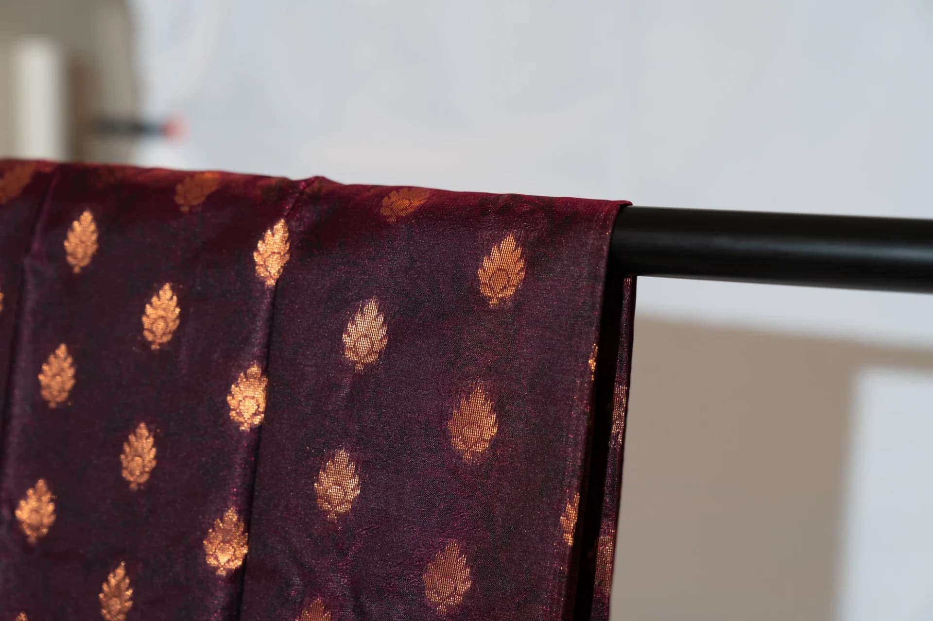 Eggplant Purple Saree with Copper Work & Contrast Green Pallu